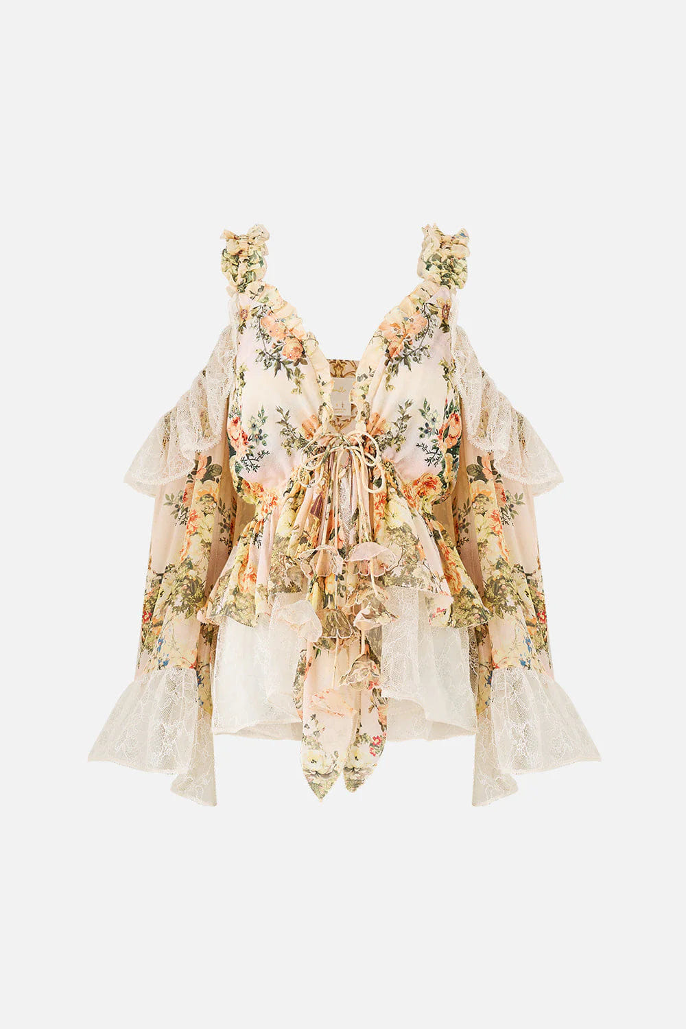 Camilla Twilight in Istanbul Sleeveless Cold Shoulder Ruffle Floral Silk Top in Beige