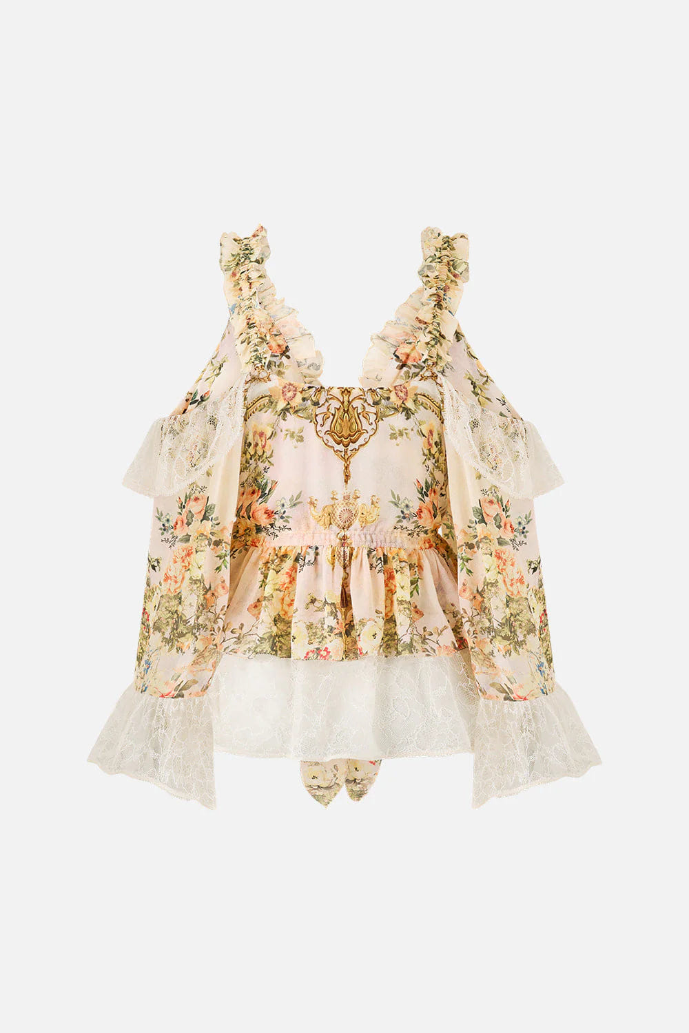 Camilla Twilight in Istanbul Sleeveless Cold Shoulder Ruffle Floral Silk Top in Beige