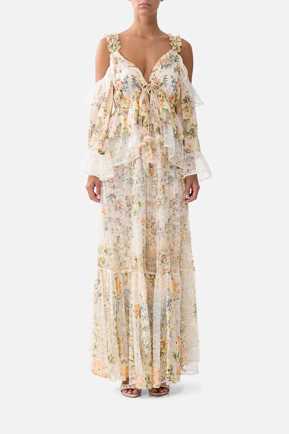 Camilla Twilight in Istanbul Sleeveless Cold Shoulder Ruffle Floral Silk Top in Beige