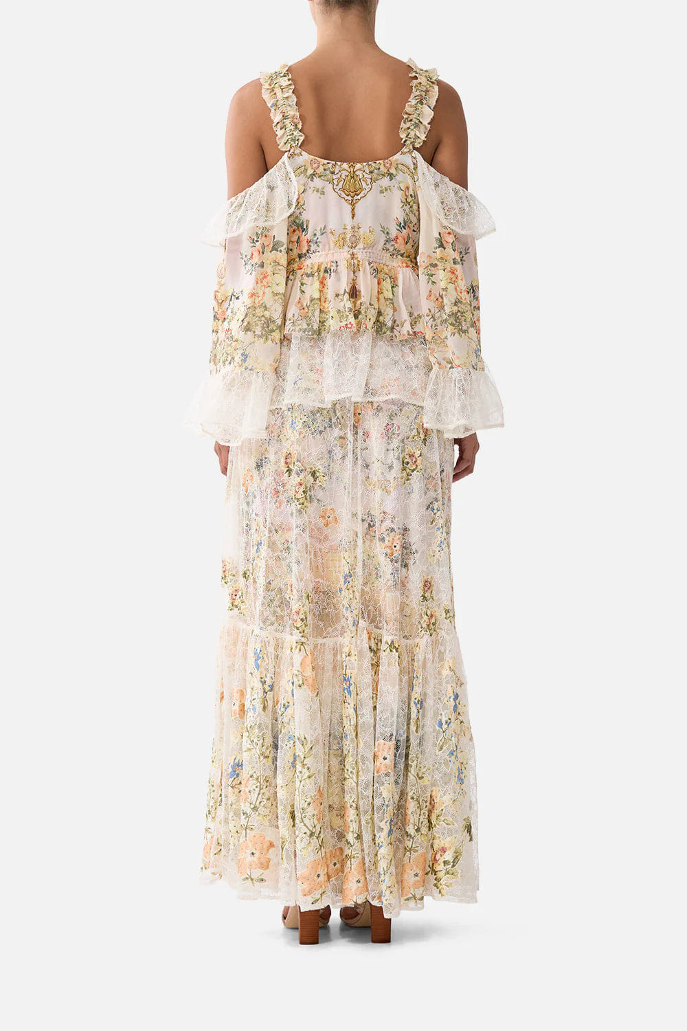 Camilla Twilight in Istanbul Sleeveless Cold Shoulder Ruffle Floral Silk Top in Beige