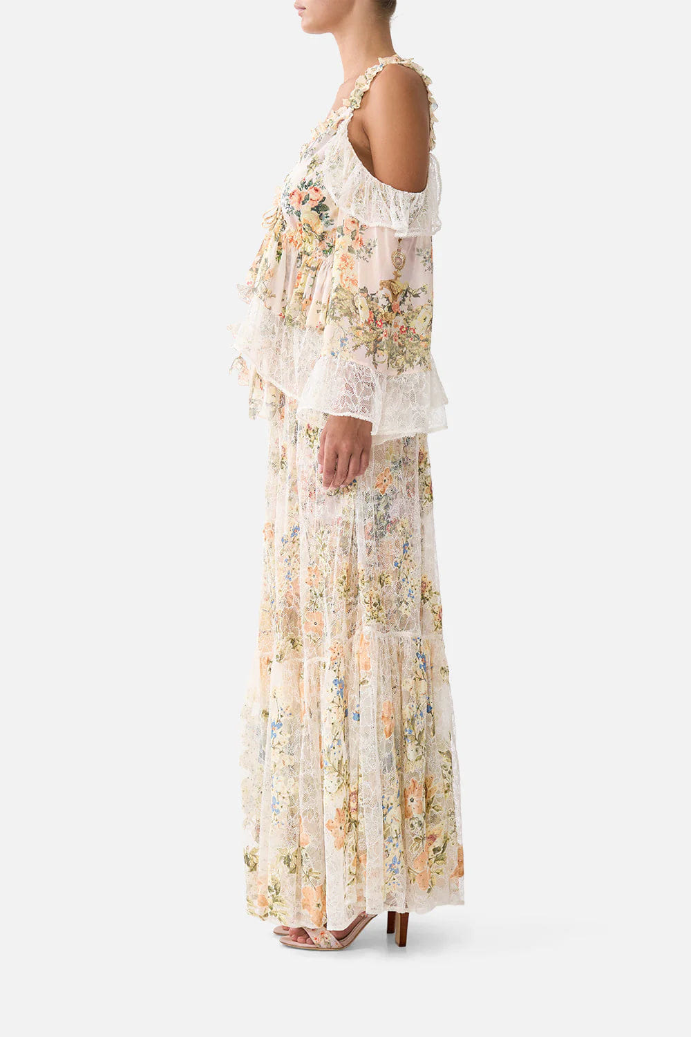 Camilla Twilight in Istanbul Sleeveless Cold Shoulder Ruffle Floral Silk Top in Beige