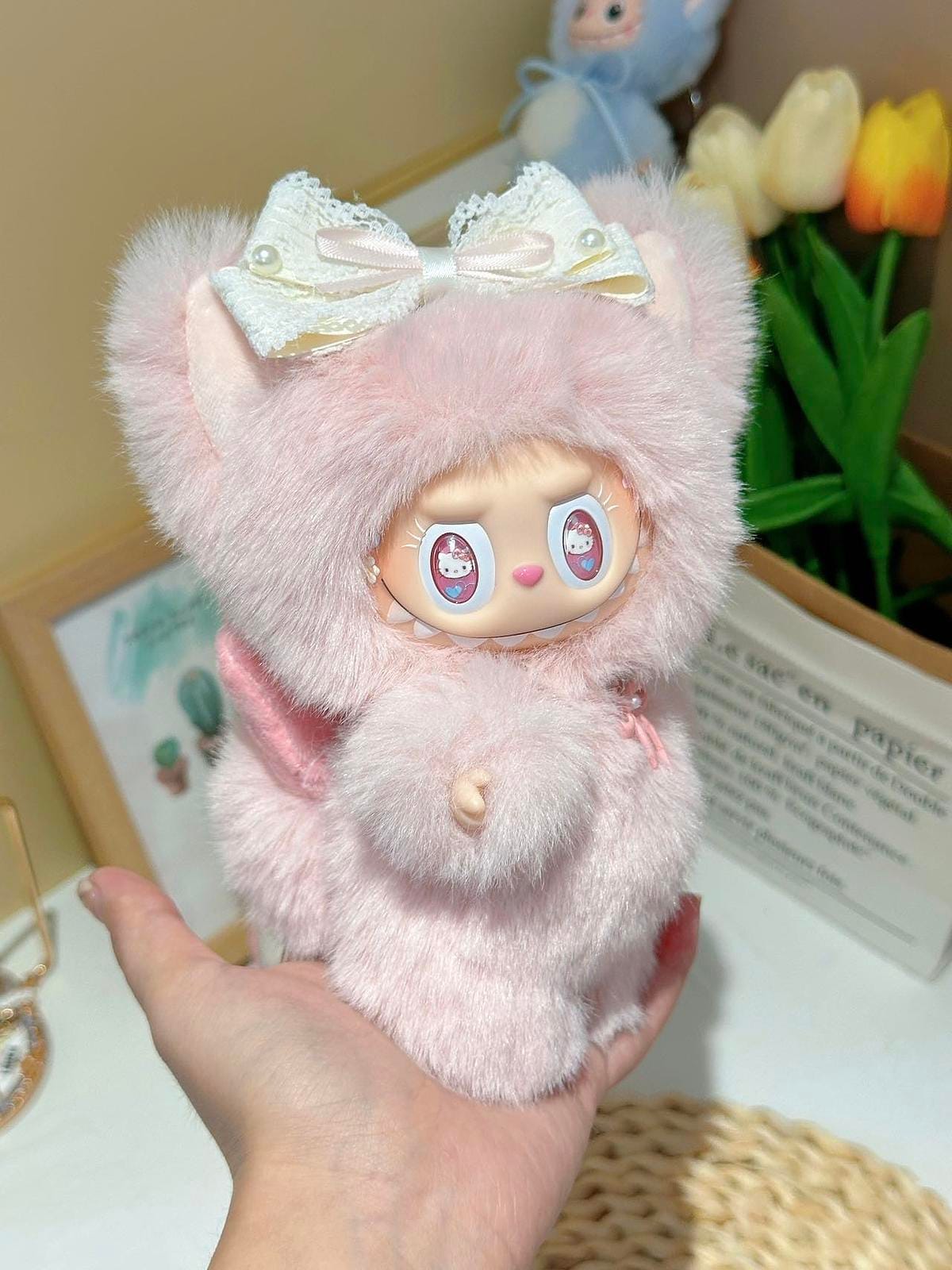 Hello Kitty Handmade Pink Hello Kitty Labubu Inspired Plush Doll – Cute Fluffy Collectible, Fan Art Gift