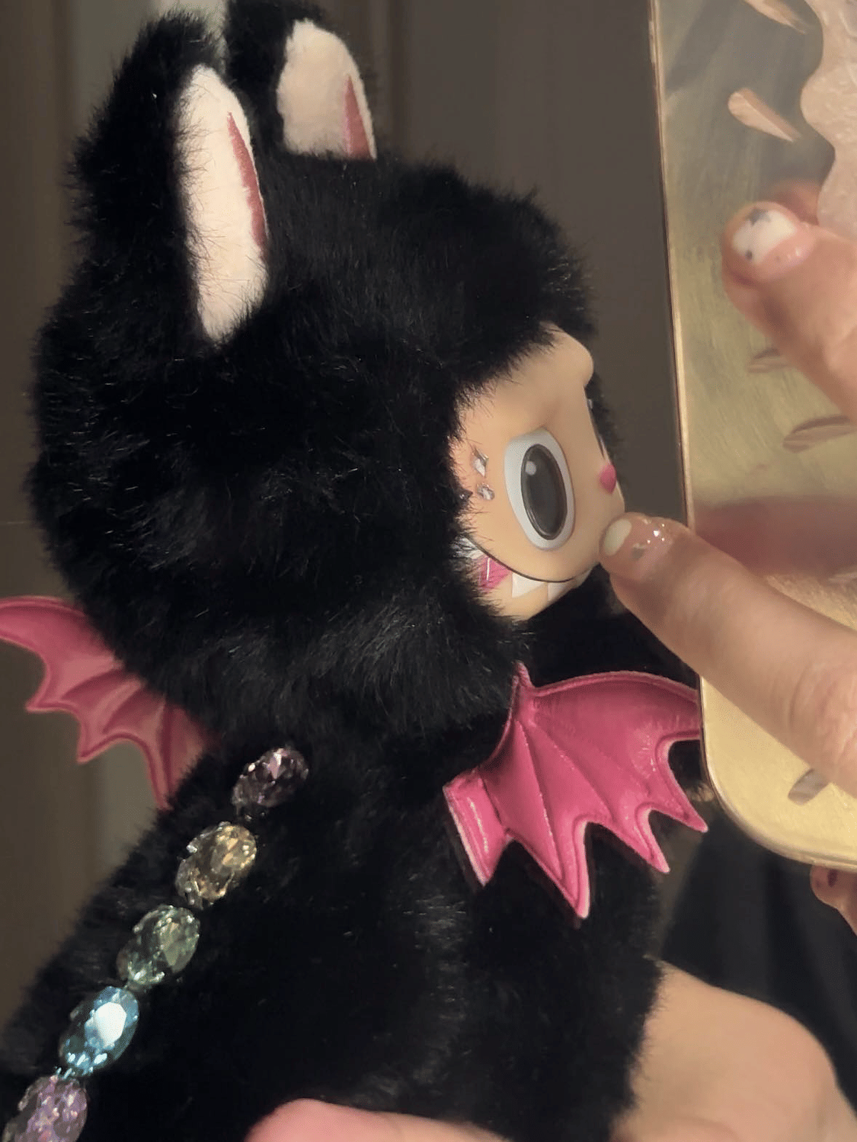 HANDMADE Labubu Black Pink – Handmade Plush Doll with Gemstone Tail & Bat Wings