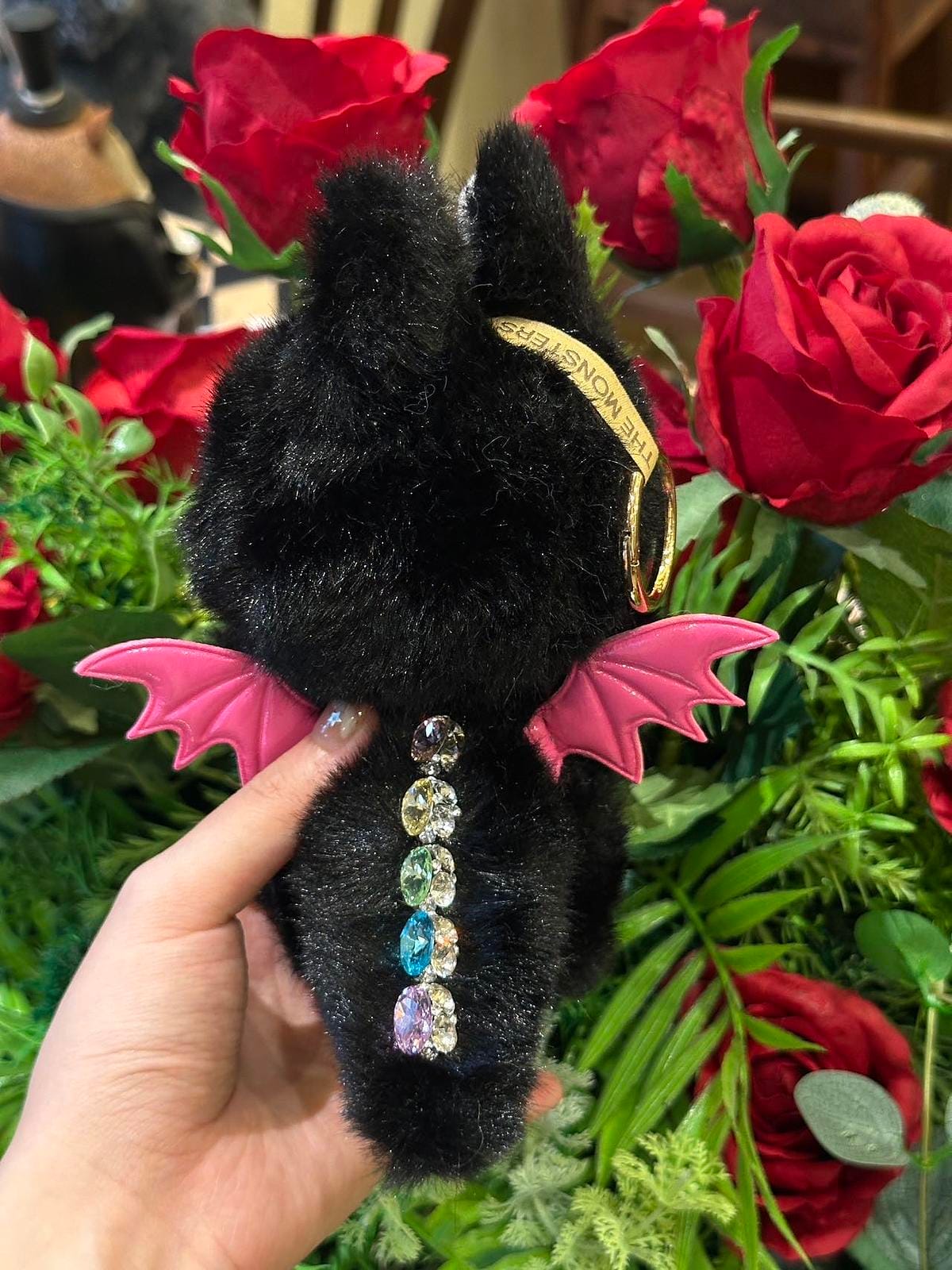 HANDMADE Labubu Black Pink – Handmade Plush Doll with Gemstone Tail & Bat Wings