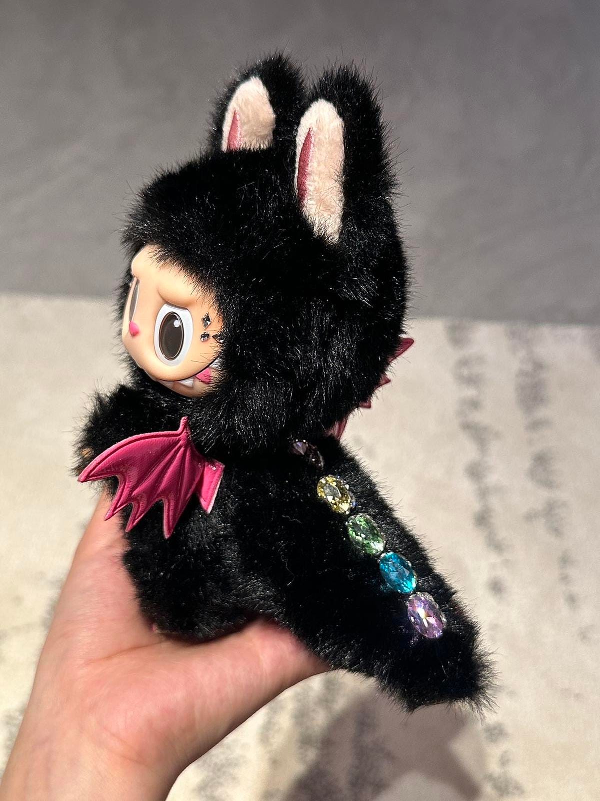HANDMADE Labubu Black Pink – Handmade Plush Doll with Gemstone Tail & Bat Wings