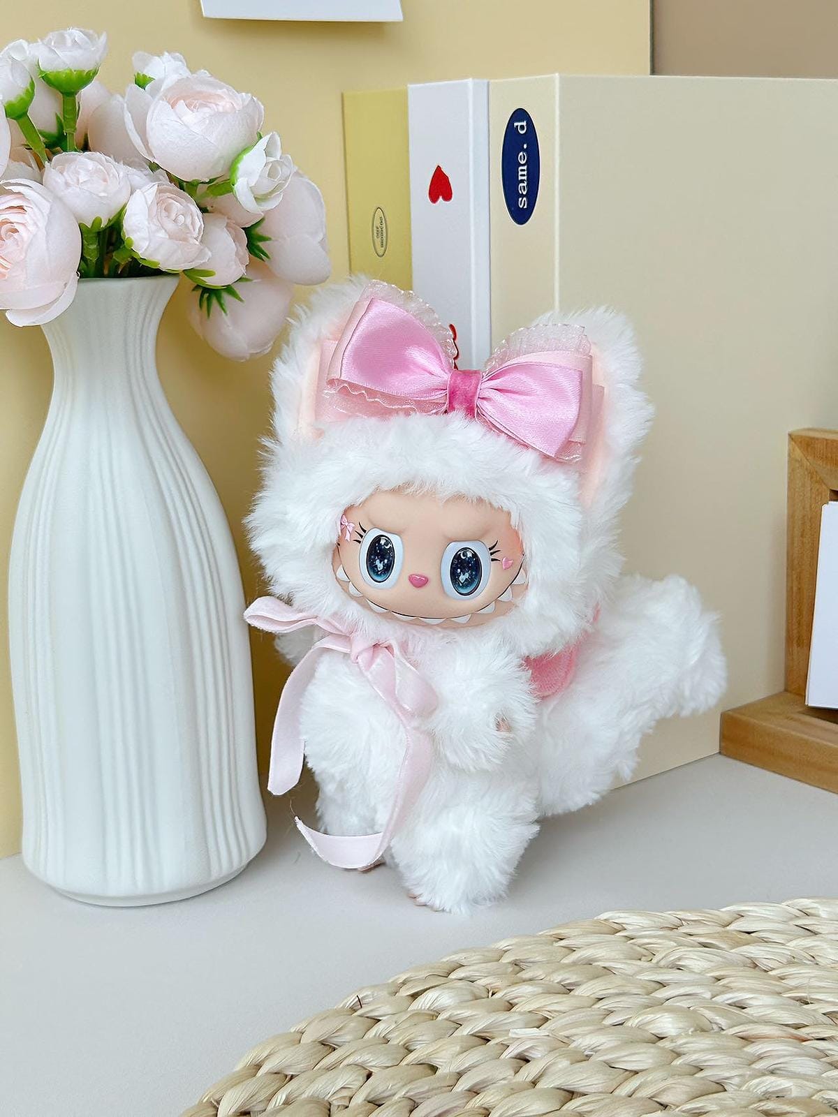 HANDMADE White Labubu with Pink Bow – Handmade Plush Doll