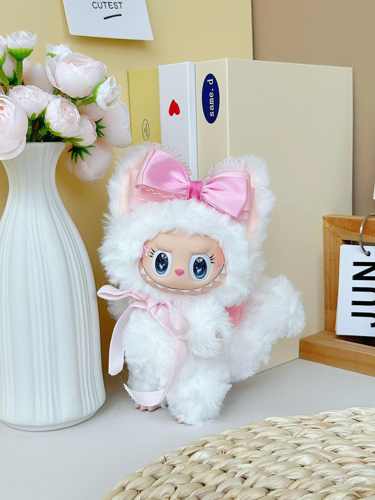 HANDMADE White Labubu with Pink Bow – Handmade Plush Doll