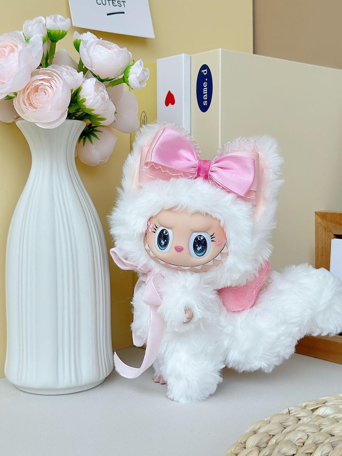HANDMADE White Labubu with Pink Bow – Handmade Plush Doll