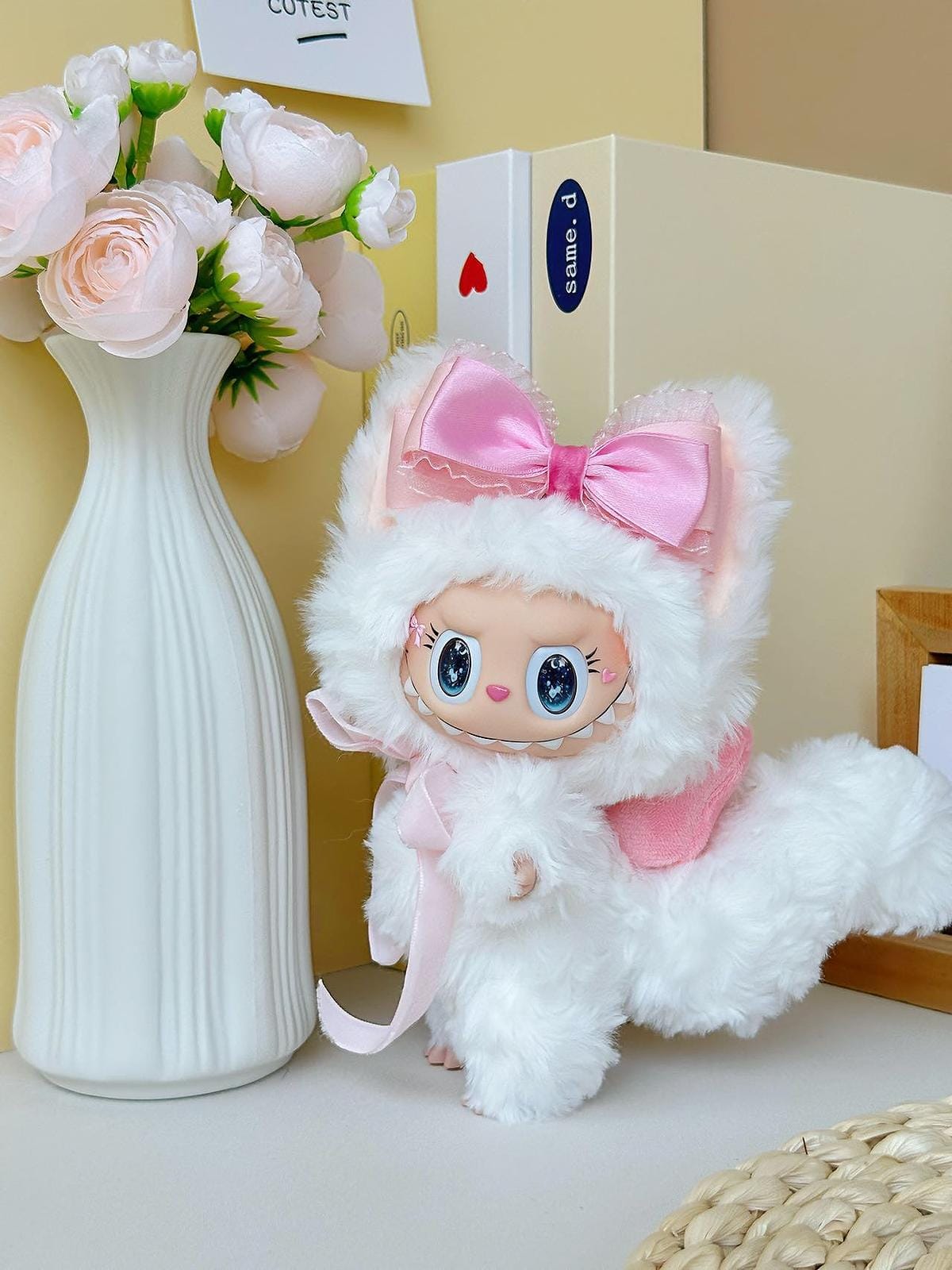 HANDMADE White Labubu with Pink Bow – Handmade Plush Doll