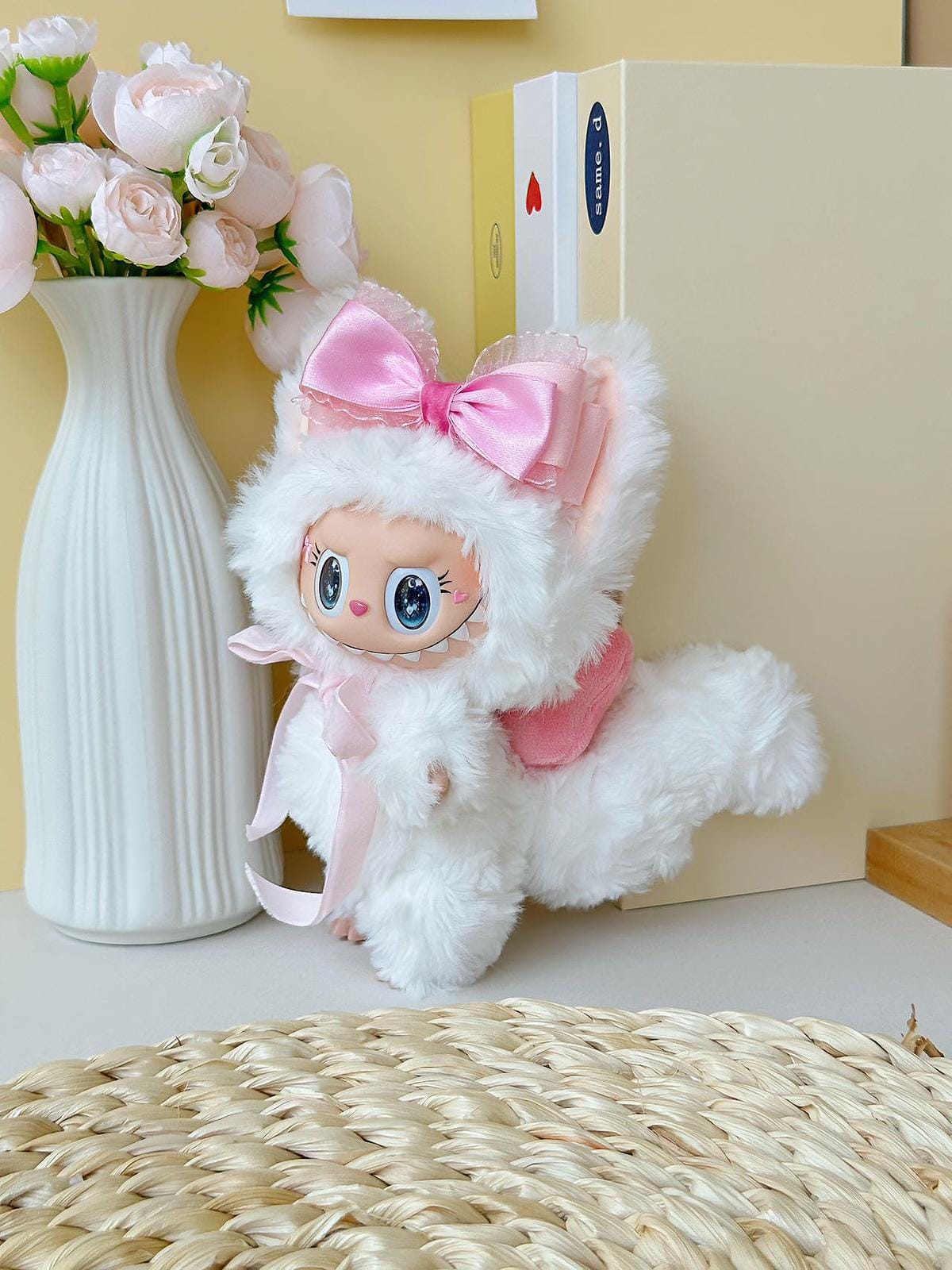 HANDMADE White Labubu with Pink Bow – Handmade Plush Doll
