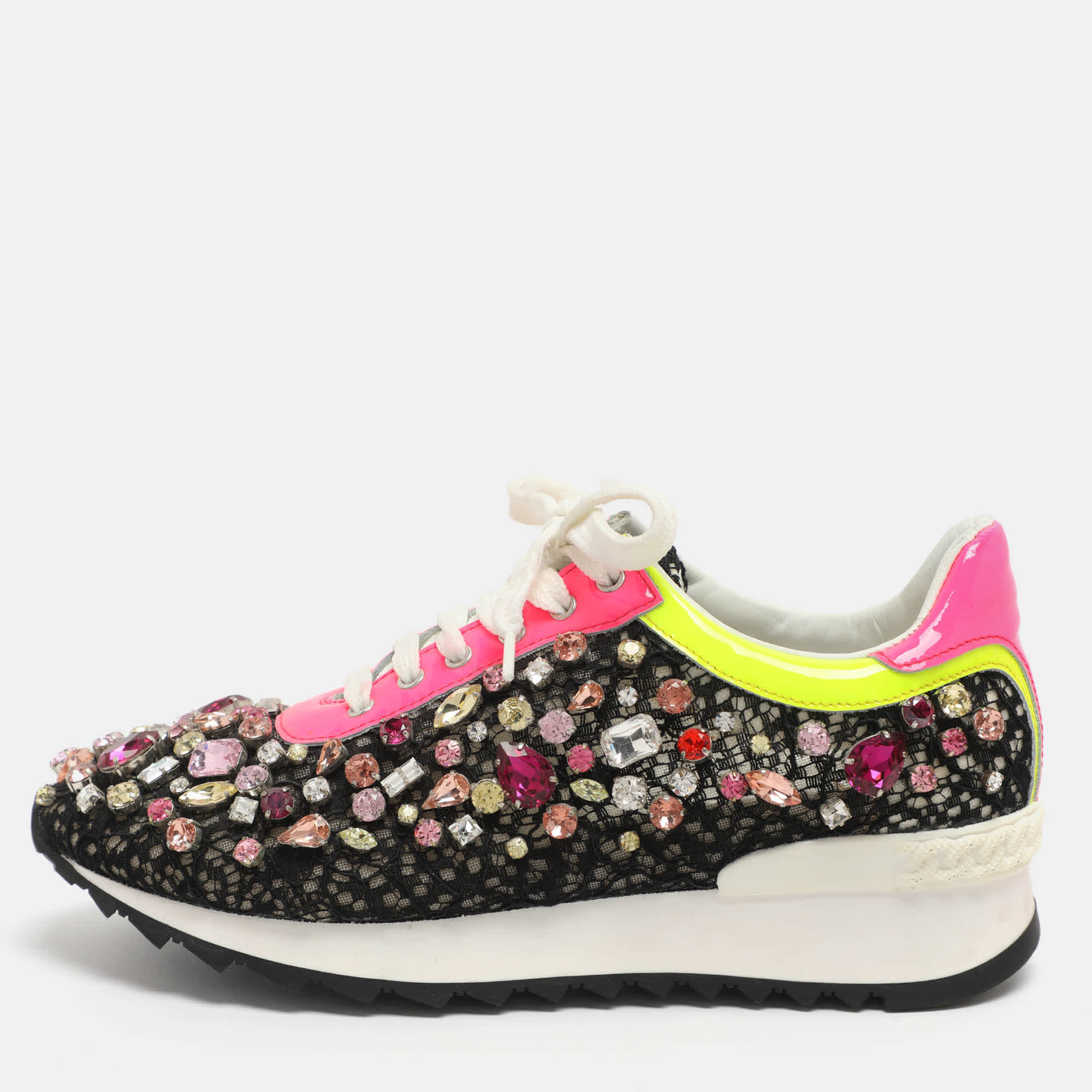 And Size 37 Multicolor Crystals And Lace Low Top Sneakers