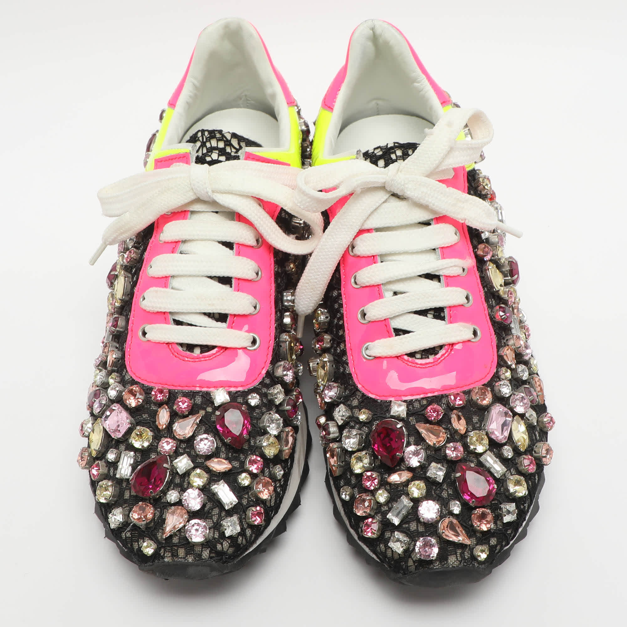 And Size 37 Multicolor Crystals And Lace Low Top Sneakers
