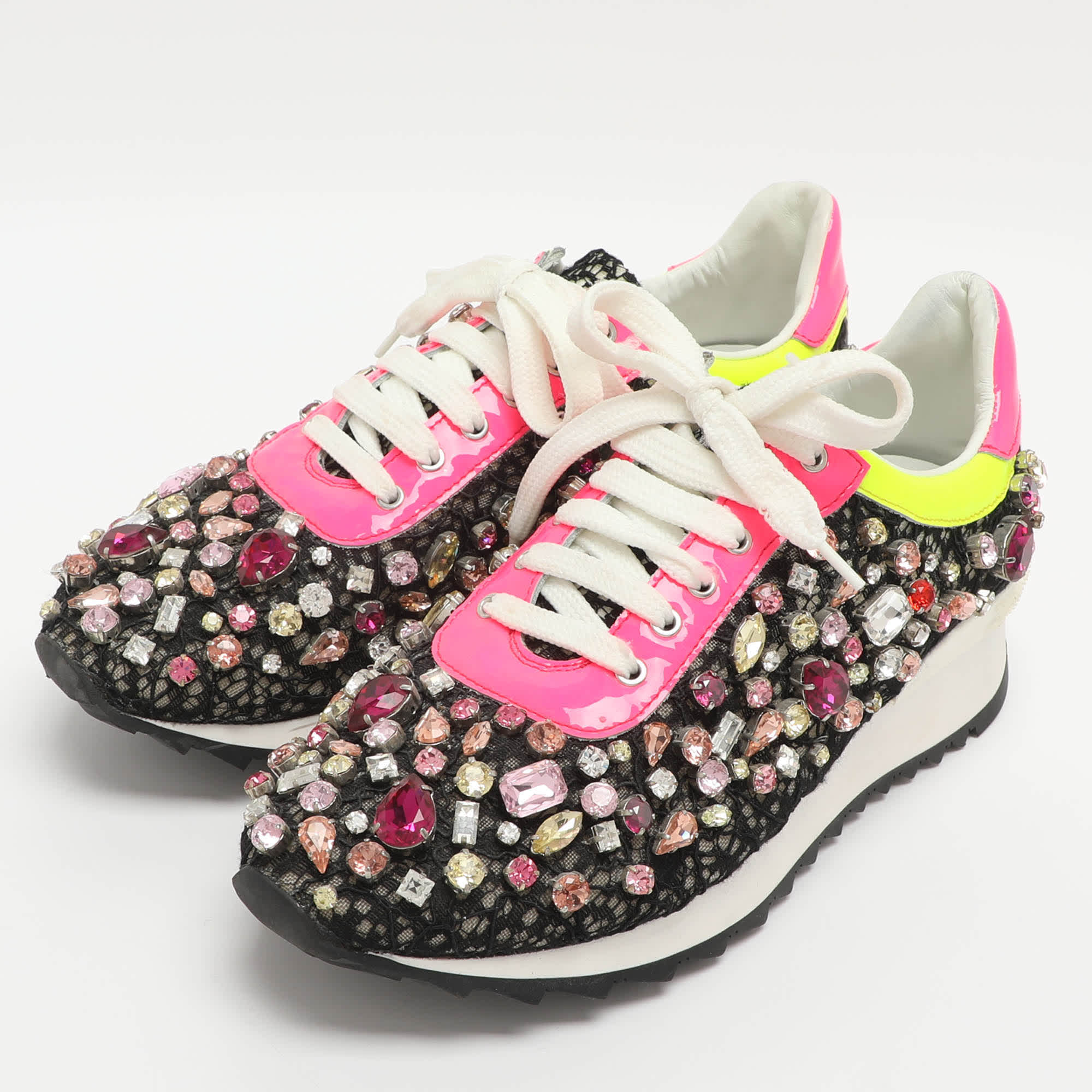 And Size 37 Multicolor Crystals And Lace Low Top Sneakers