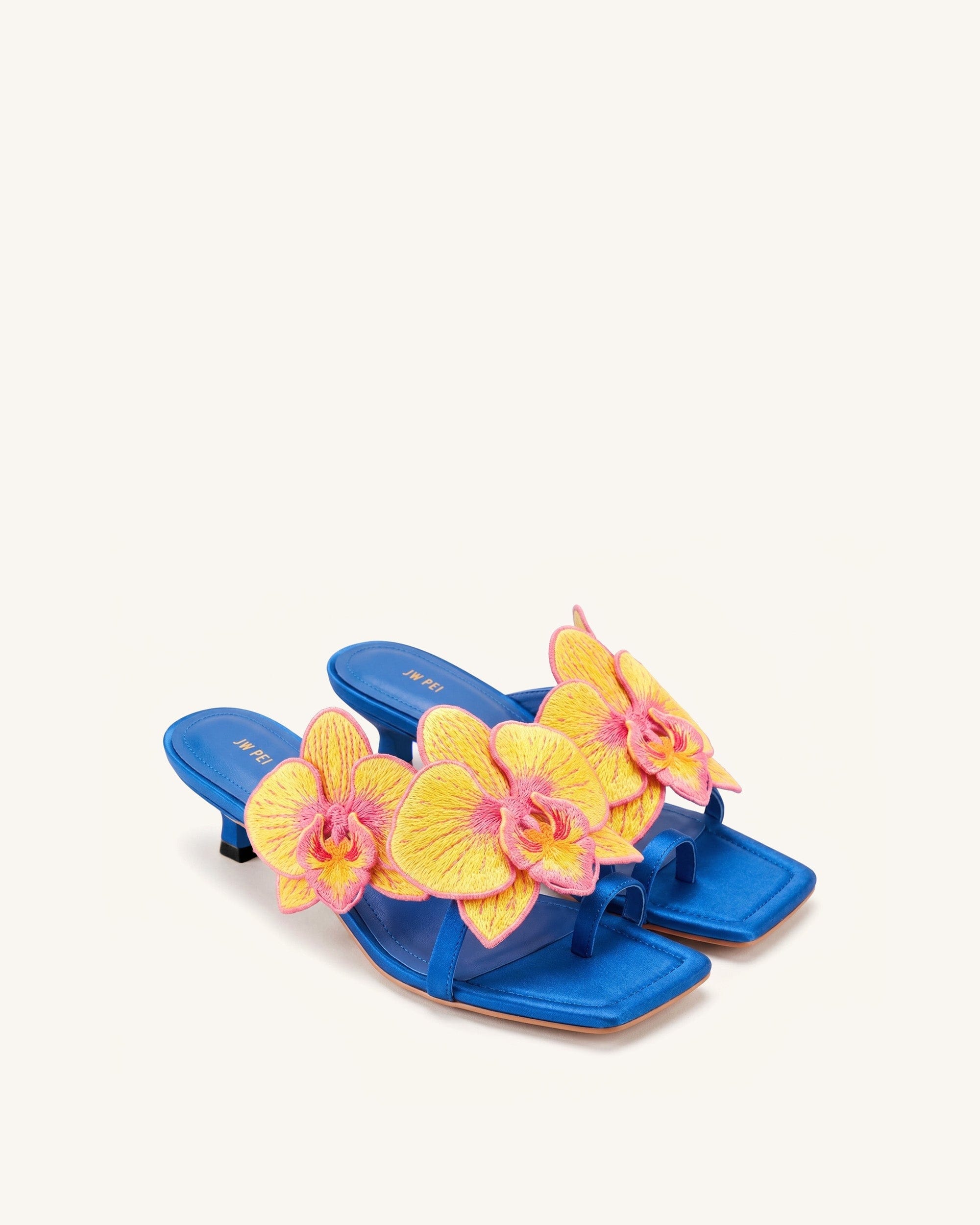 Jw Pei Serena Orchid Embroidered Toe Ring Heeled Sandals Royal Blue