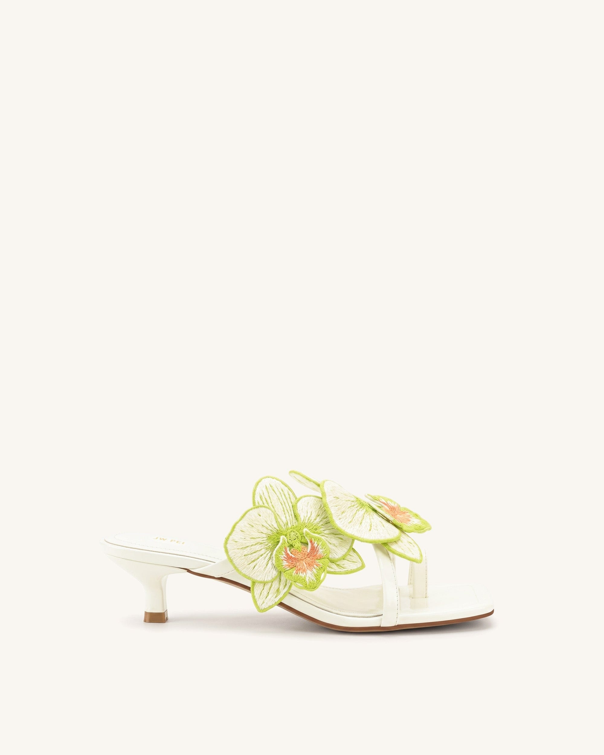 Jw Pei Serena Orchid Embroidered Toe Ring Heeled Sandals Ivory Green