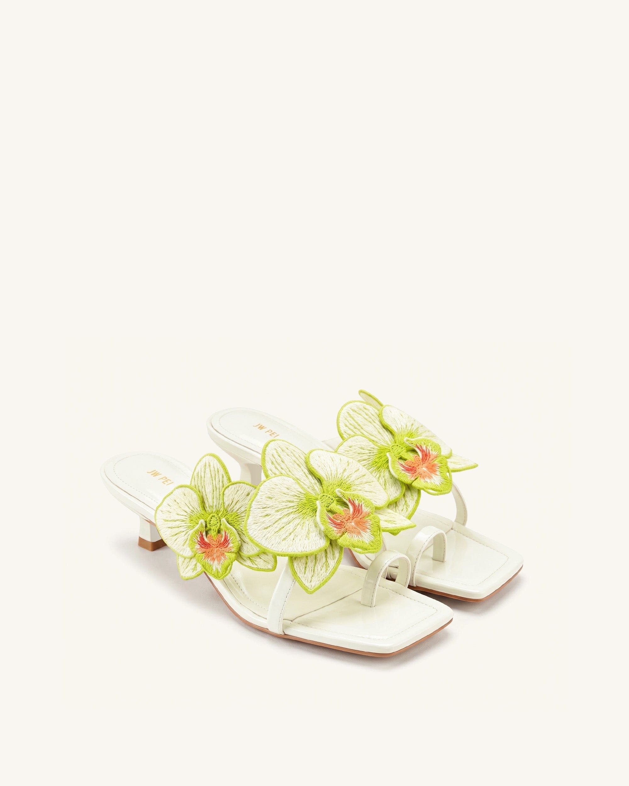 Jw Pei Serena Orchid Embroidered Toe Ring Heeled Sandals Ivory Green