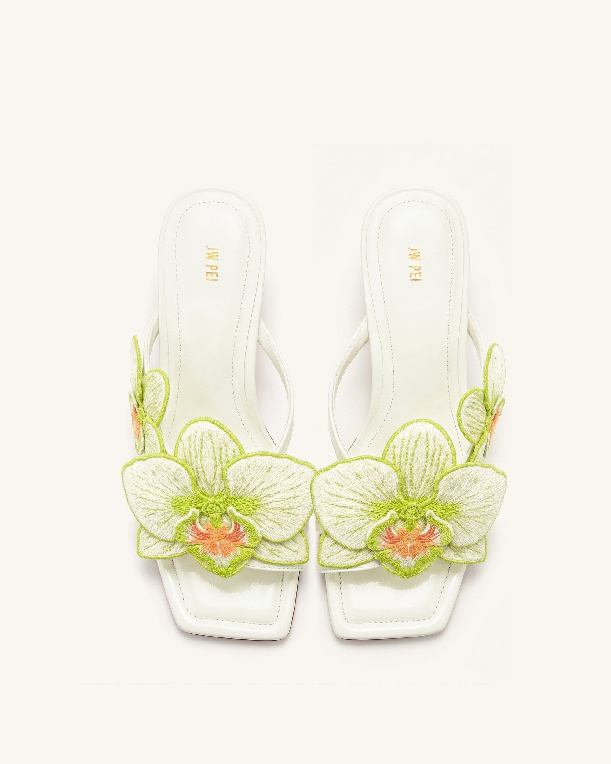 Jw Pei Serena Orchid Embroidered Toe Ring Heeled Sandals Ivory Green