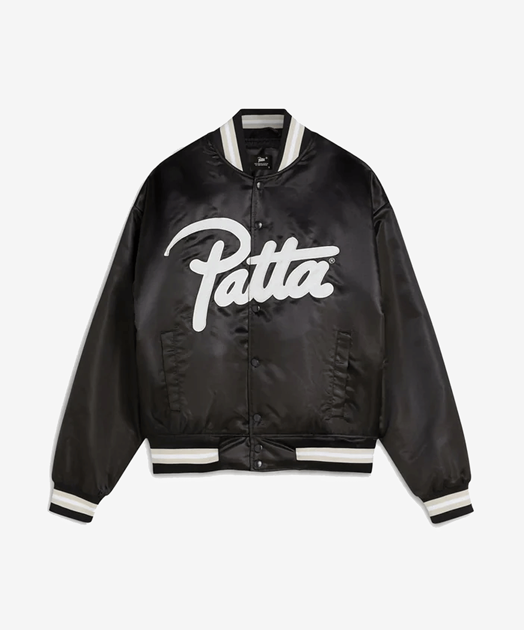 PATTA | SCRIPT LOGO SATIN VARSITY JACKET { BLACK