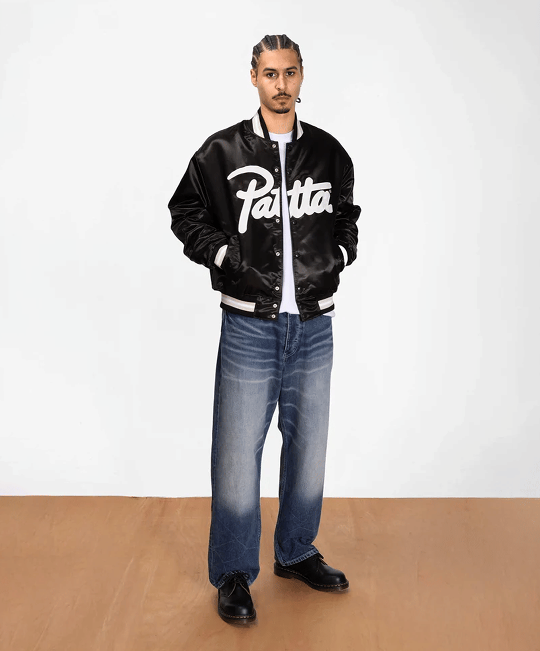 PATTA | SCRIPT LOGO SATIN VARSITY JACKET { BLACK