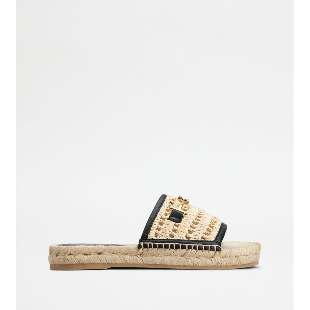 Tod's Tods Sandals In Leather And Fabric Black Beige Womens