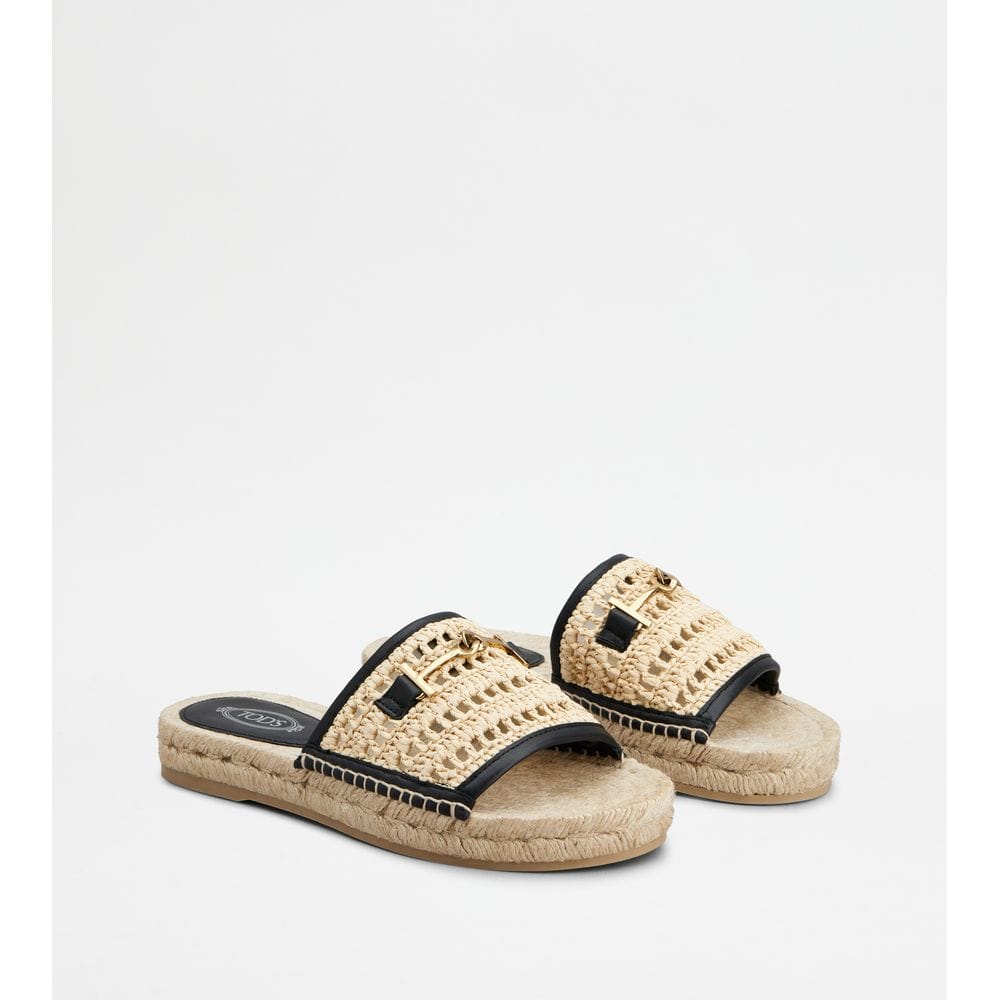 Tod's Tods Sandals In Leather And Fabric Black Beige Womens