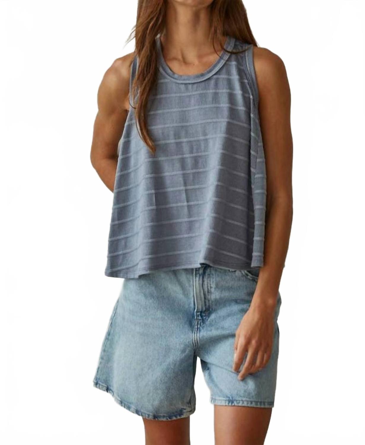 Knit Striped Round Neck Sleeveless Tank Top In Denim