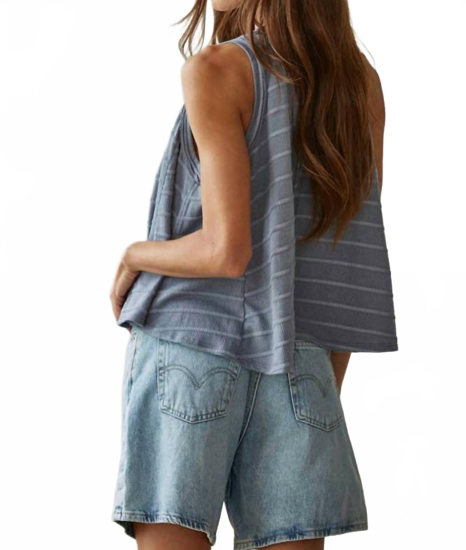 Knit Striped Round Neck Sleeveless Tank Top In Denim