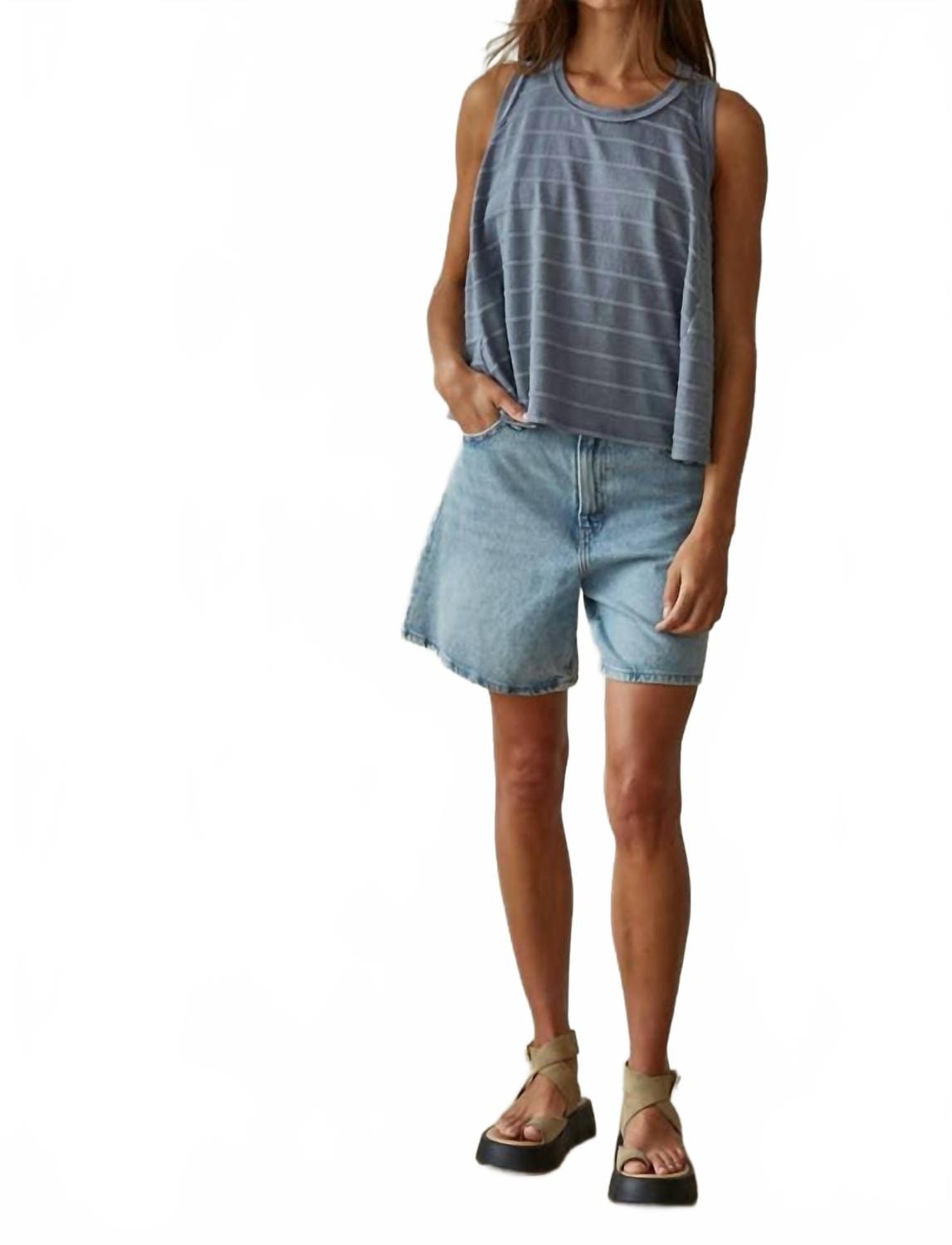 Knit Striped Round Neck Sleeveless Tank Top In Denim