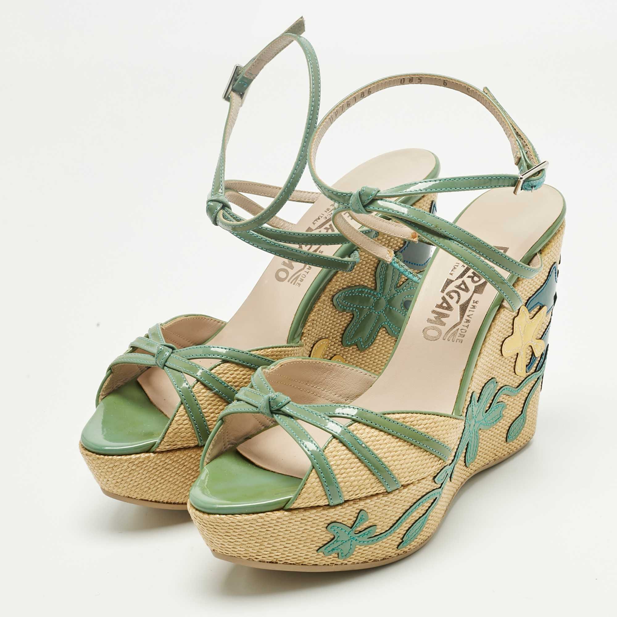 Salvatore Ferragamo Green Patent Leather And Raffia Wedge Sandals