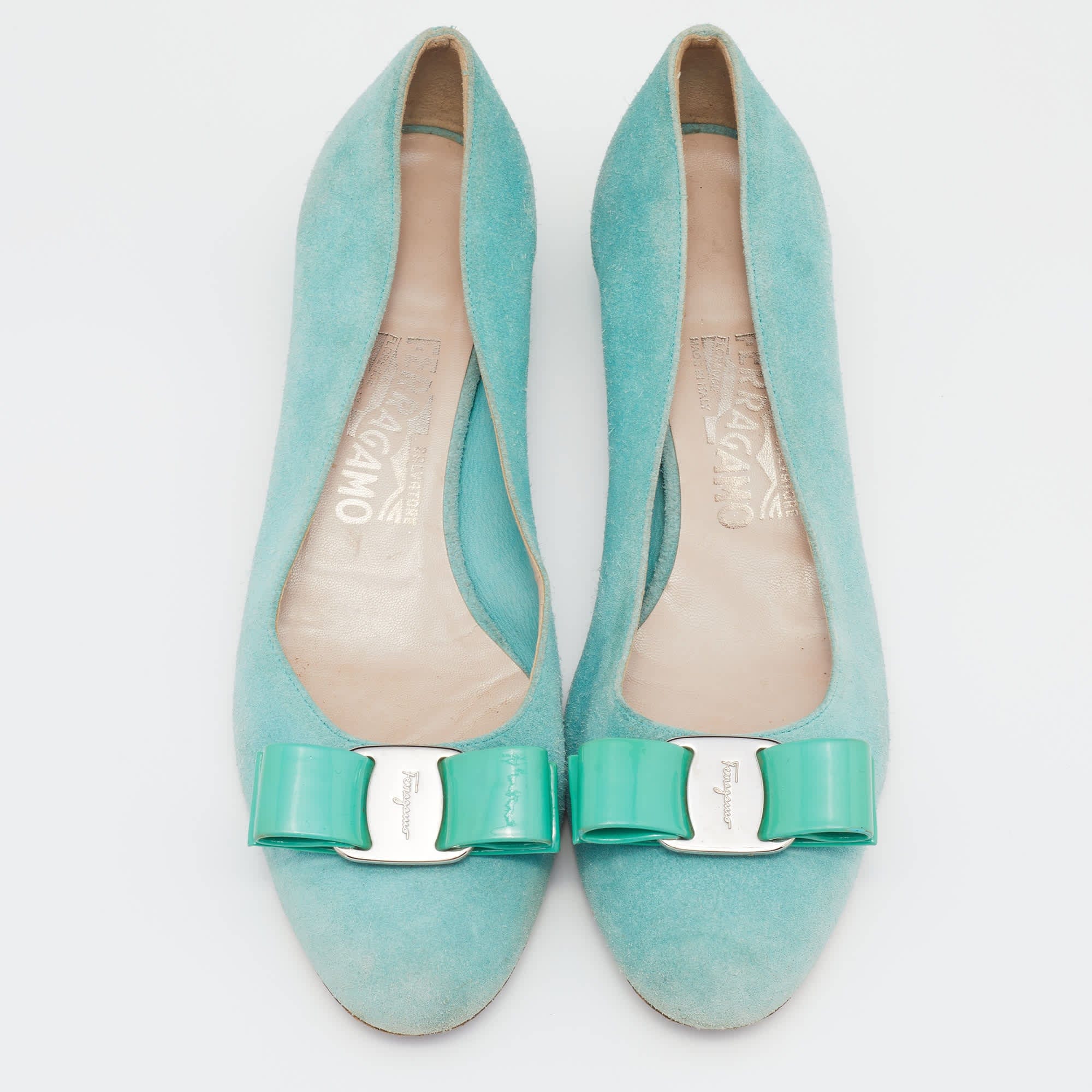 Salvatore Ferragamo Blue Suede And Patent Bow Varina Ballet Flats