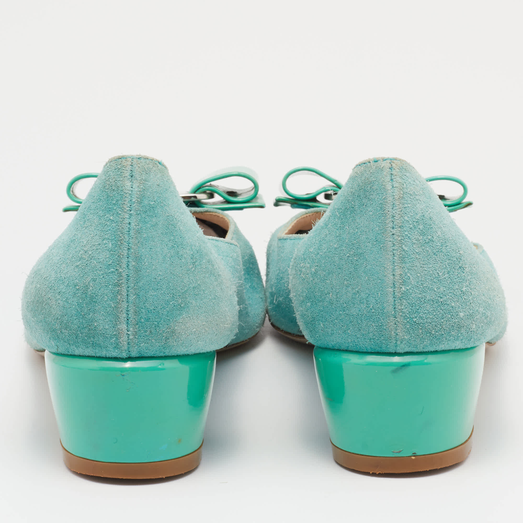 Salvatore Ferragamo Blue Suede And Patent Bow Varina Ballet Flats