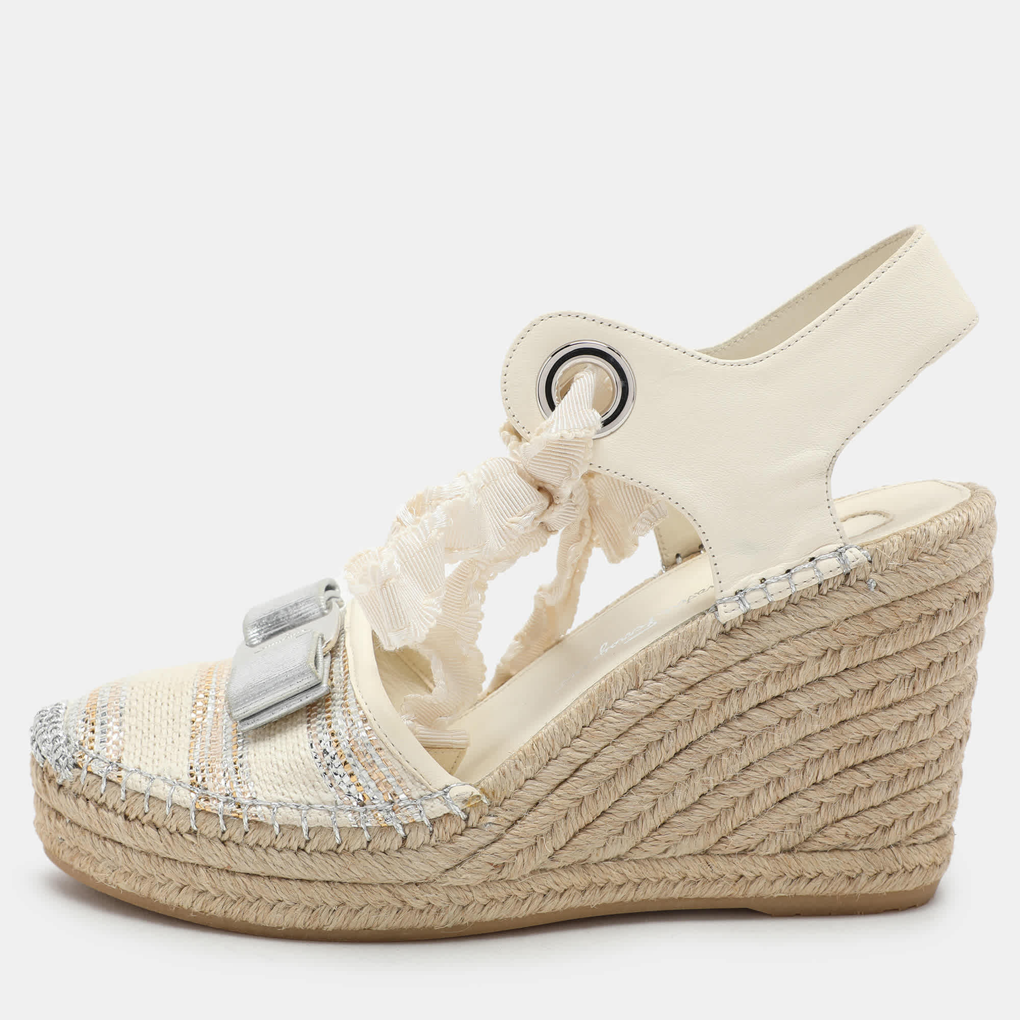 Salvatore Ferragamo Multicolor Fabric And Leather Wedge Espadrille Sandals