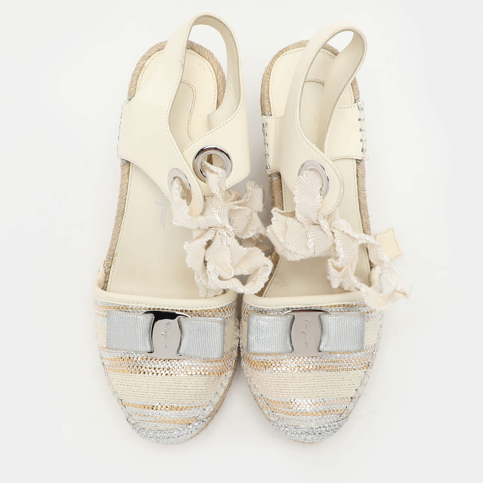 Salvatore Ferragamo Multicolor Fabric And Leather Wedge Espadrille Sandals
