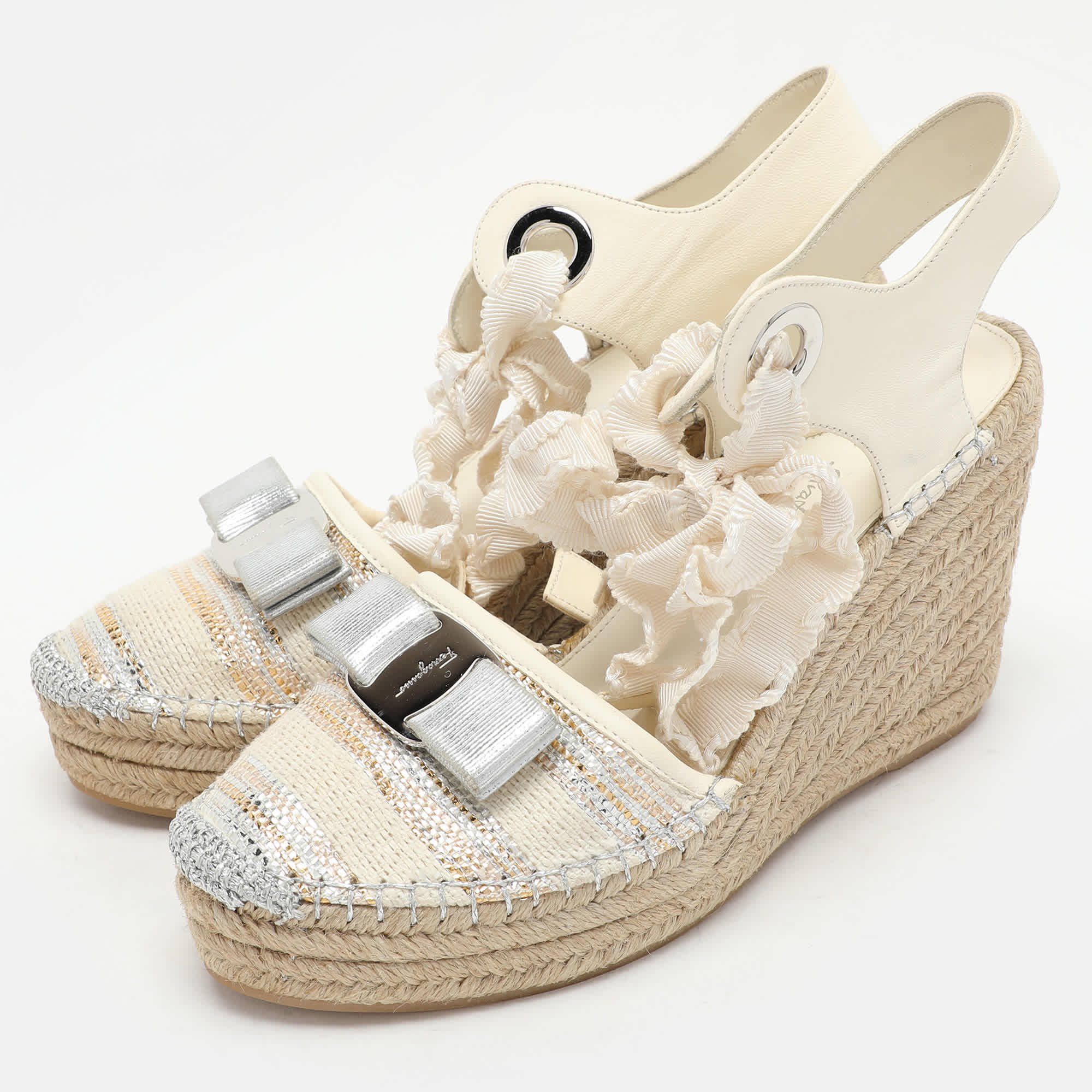 Salvatore Ferragamo Multicolor Fabric And Leather Wedge Espadrille Sandals