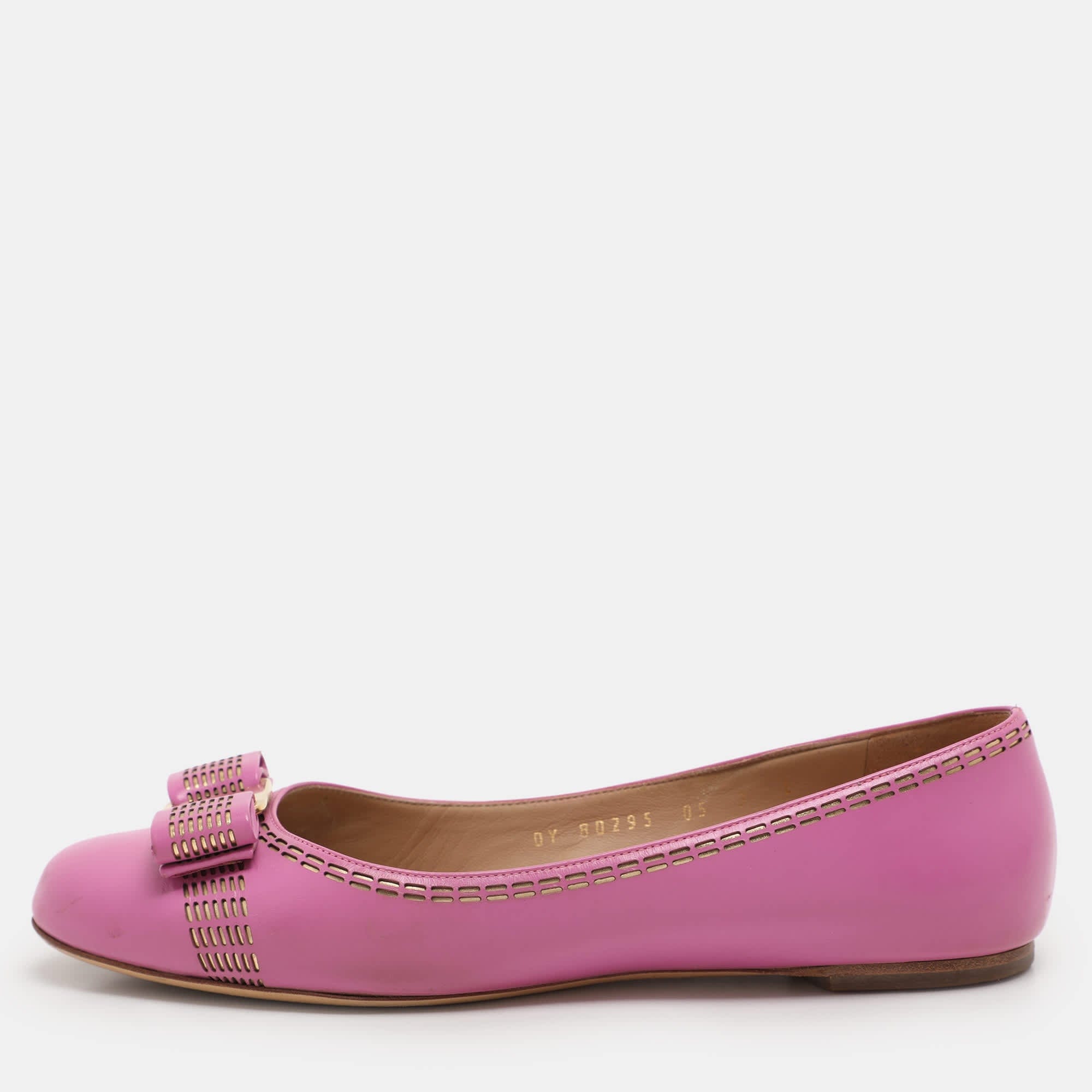 Salvatore Ferragamo Pink Leather Vara Bow Ballet Flats