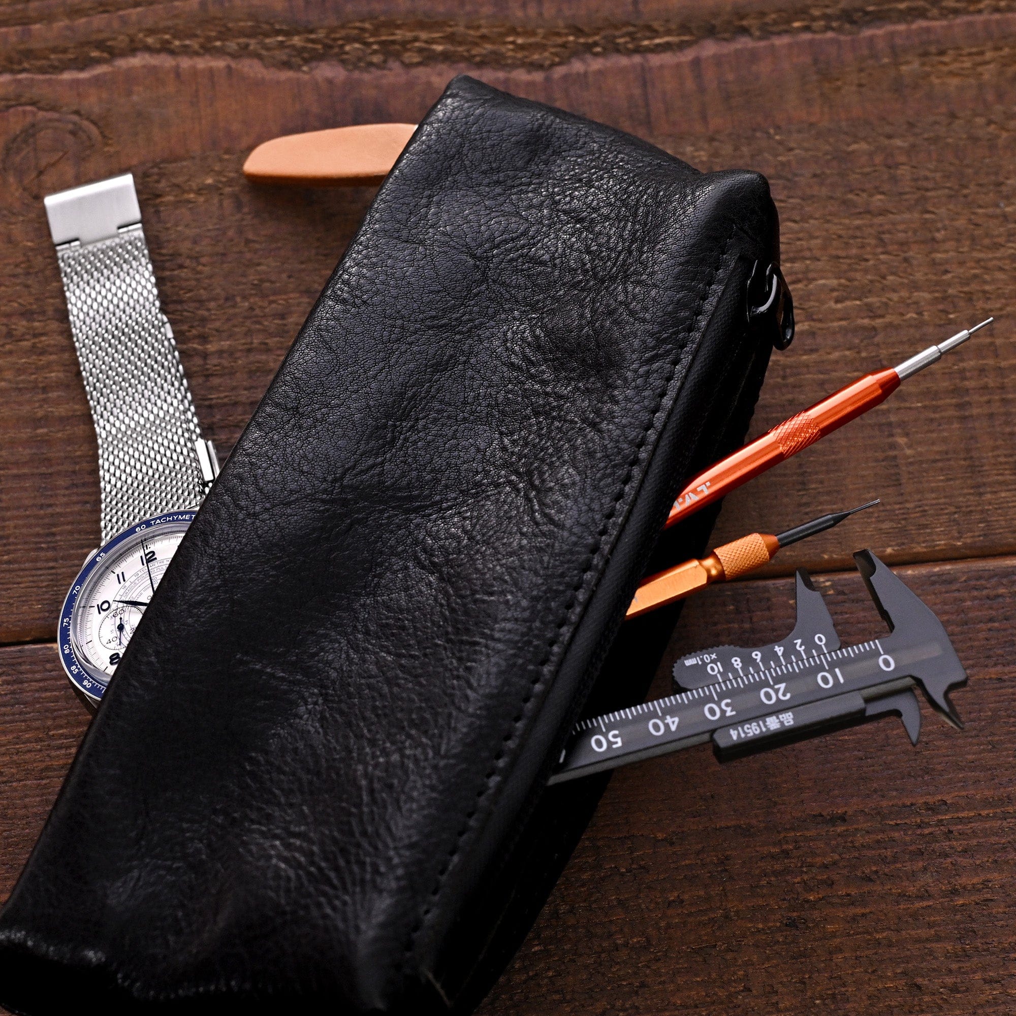 Miltat Leather Travel Watch Pouch with Zipper and Storage Compartments
