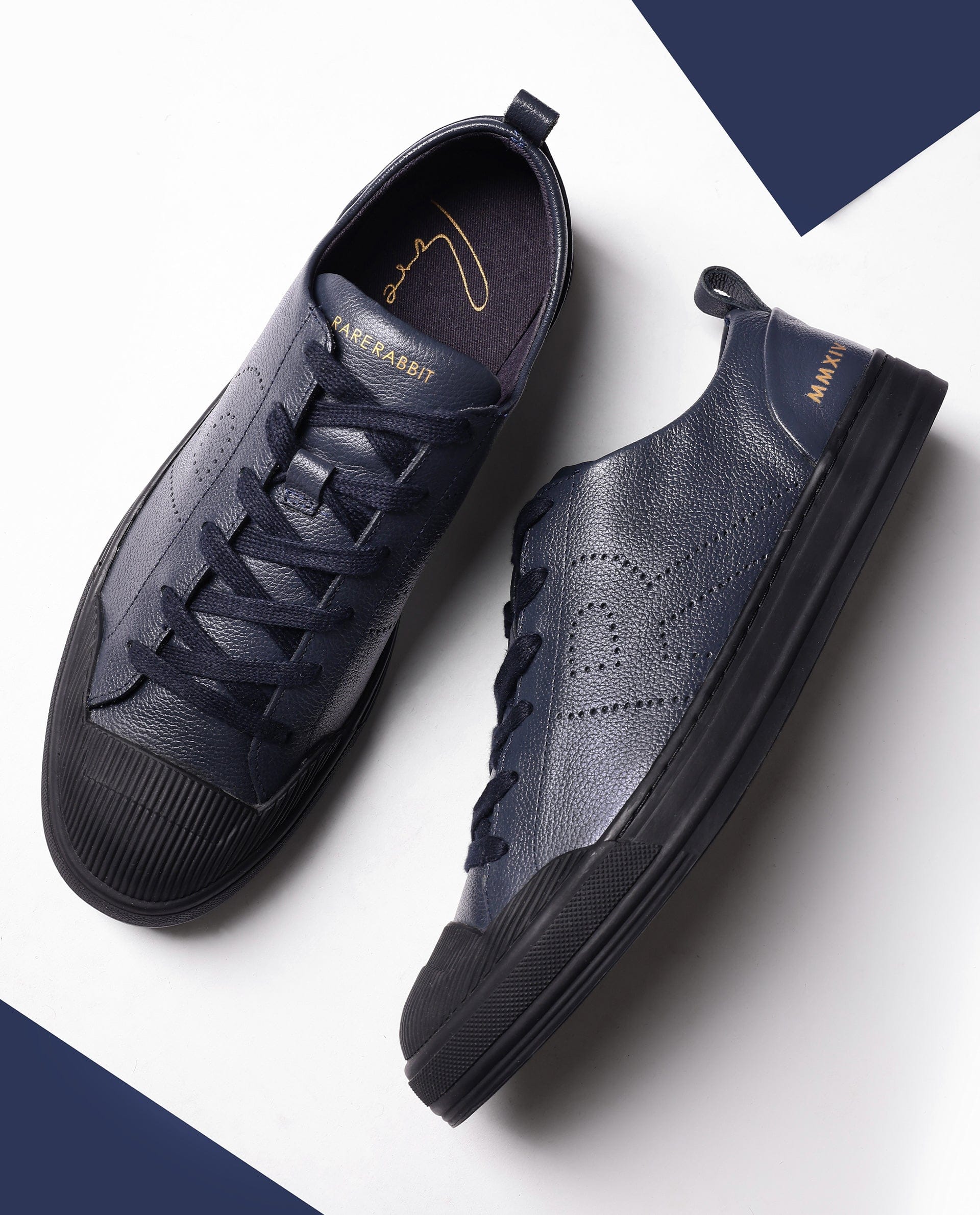 RAREZ Rare Rabbit Mens Sauron Pro Navy Premium Milled Leather Lace Up Low Top Round Toe Sneaker Shoes