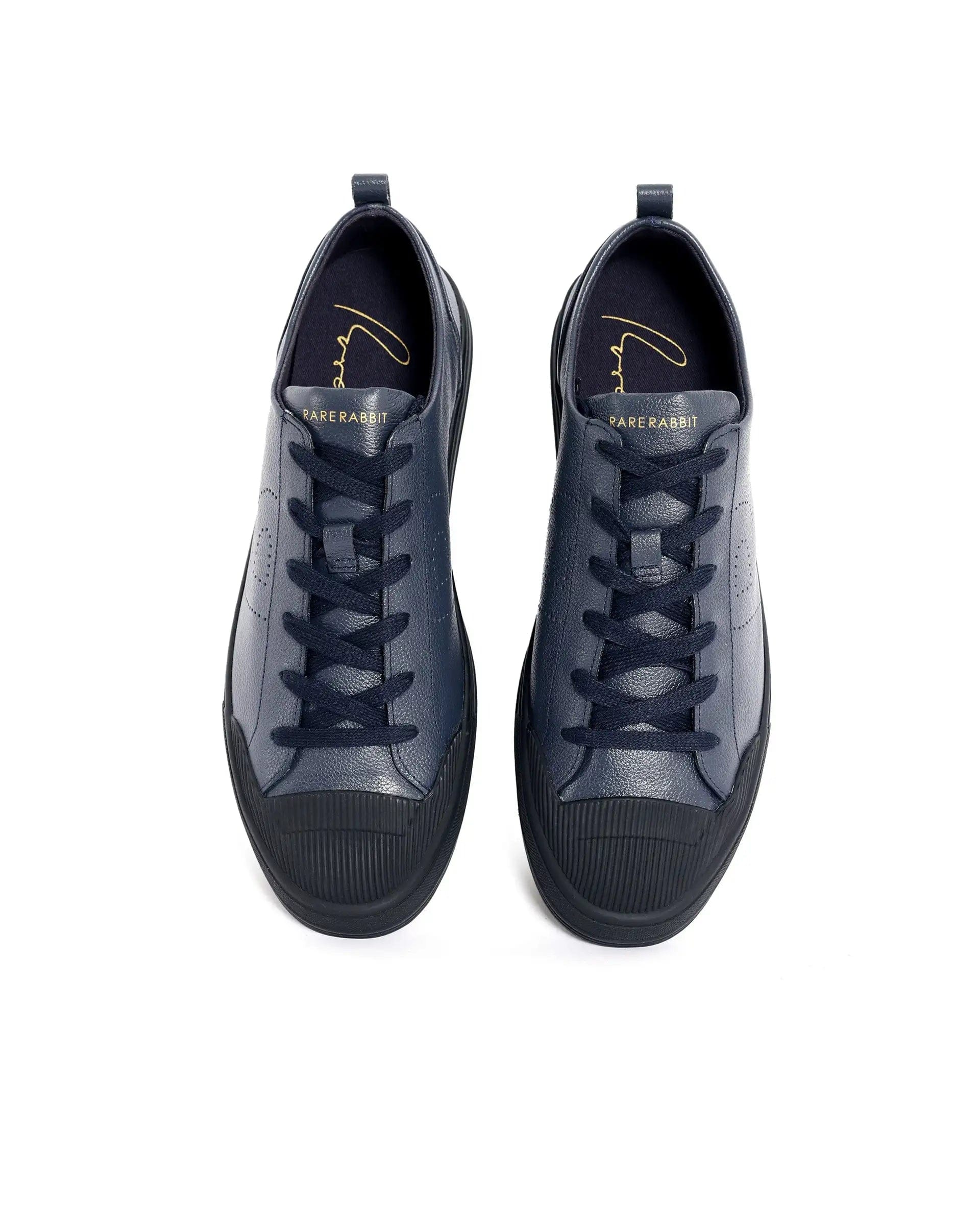 RAREZ Rare Rabbit Mens Sauron Pro Navy Premium Milled Leather Lace Up Low Top Round Toe Sneaker Shoes