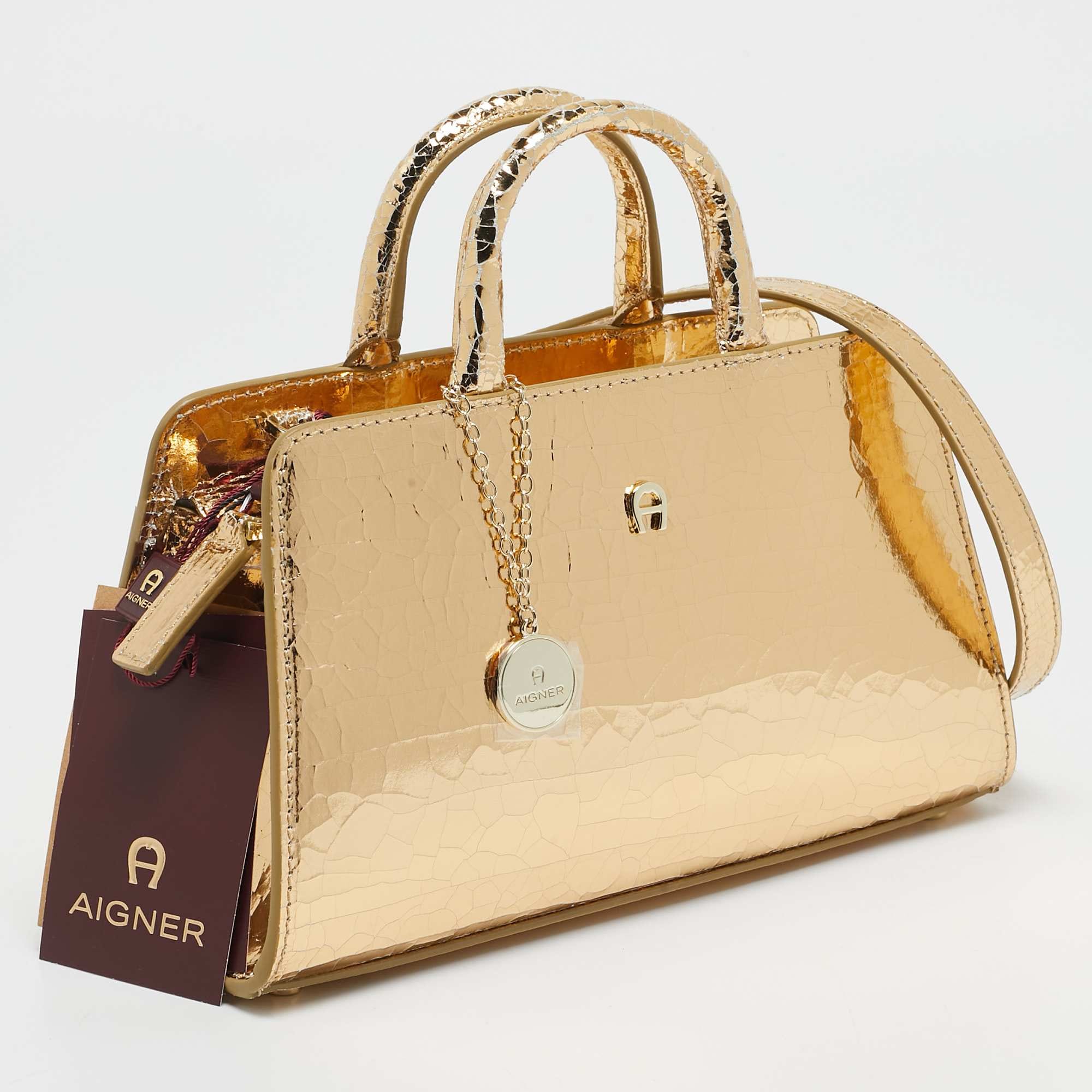 Aigner Gold Crackled Patent Leather Mini Cybill Tote