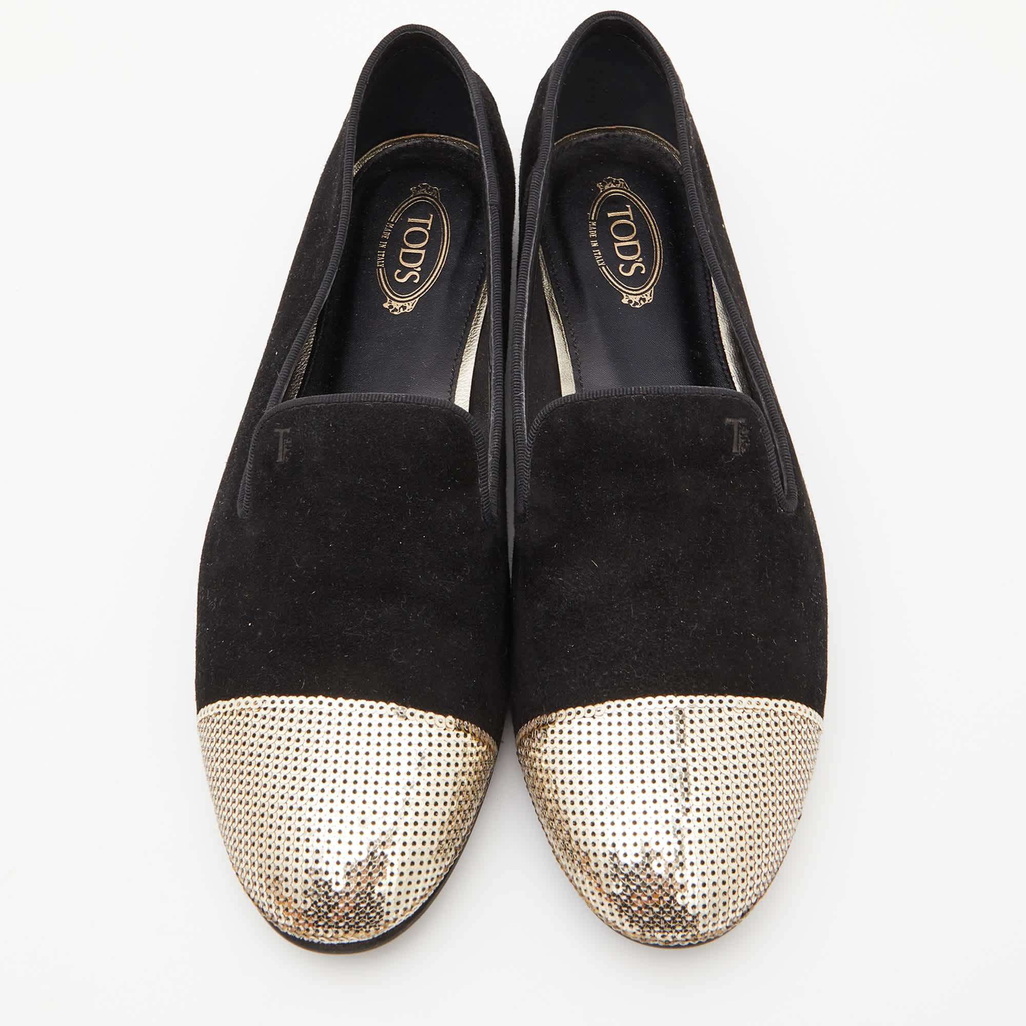 Tod's Black/gold Suede And Sequins Embellished Slip On Smoking Slippers
