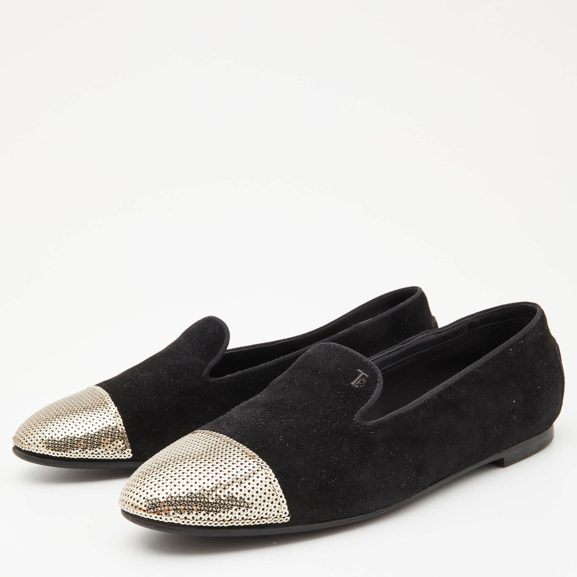 Tod's Black/gold Suede And Sequins Embellished Slip On Smoking Slippers