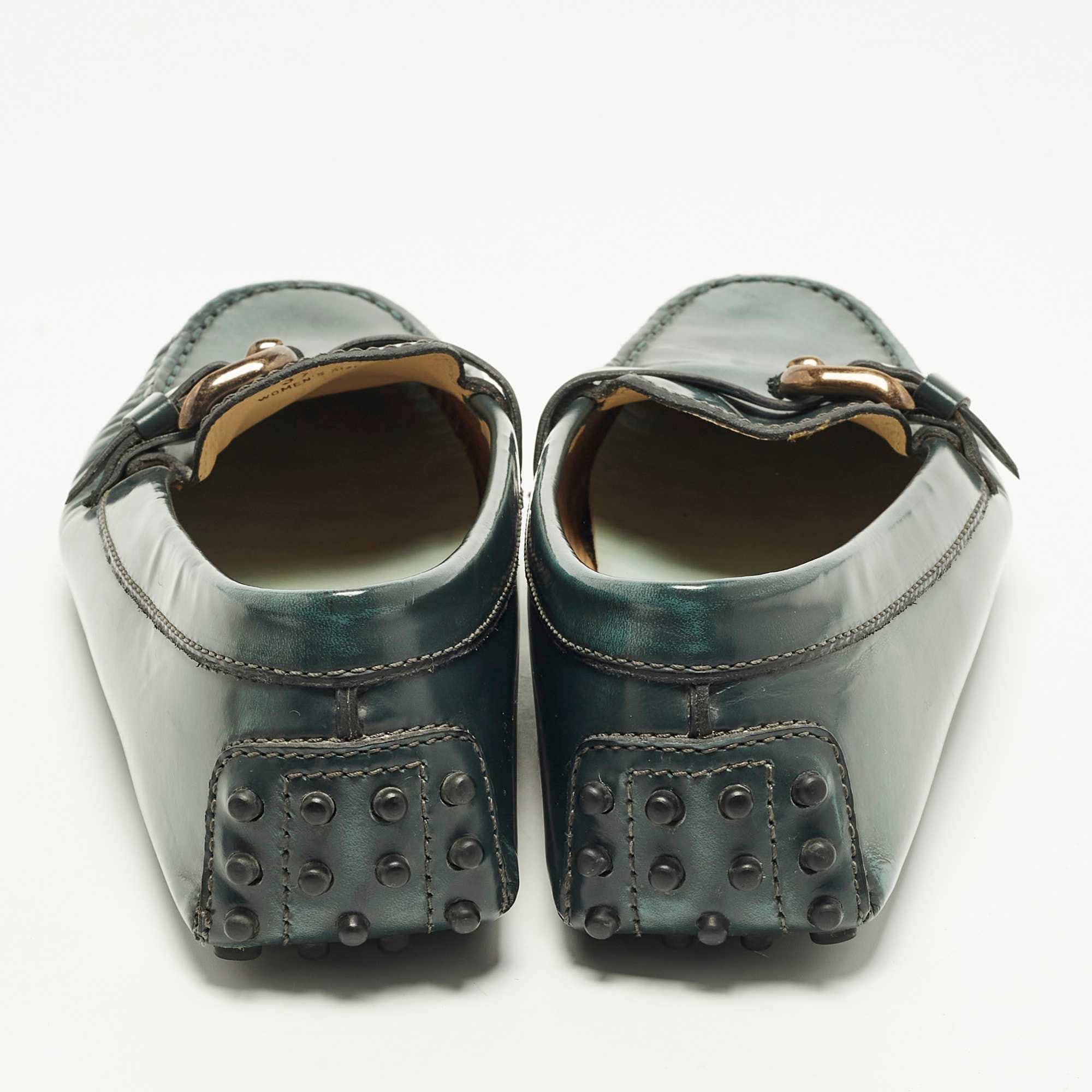 Tod's Size 37 Green Patent Leather Driver Buckle Detail Loafers