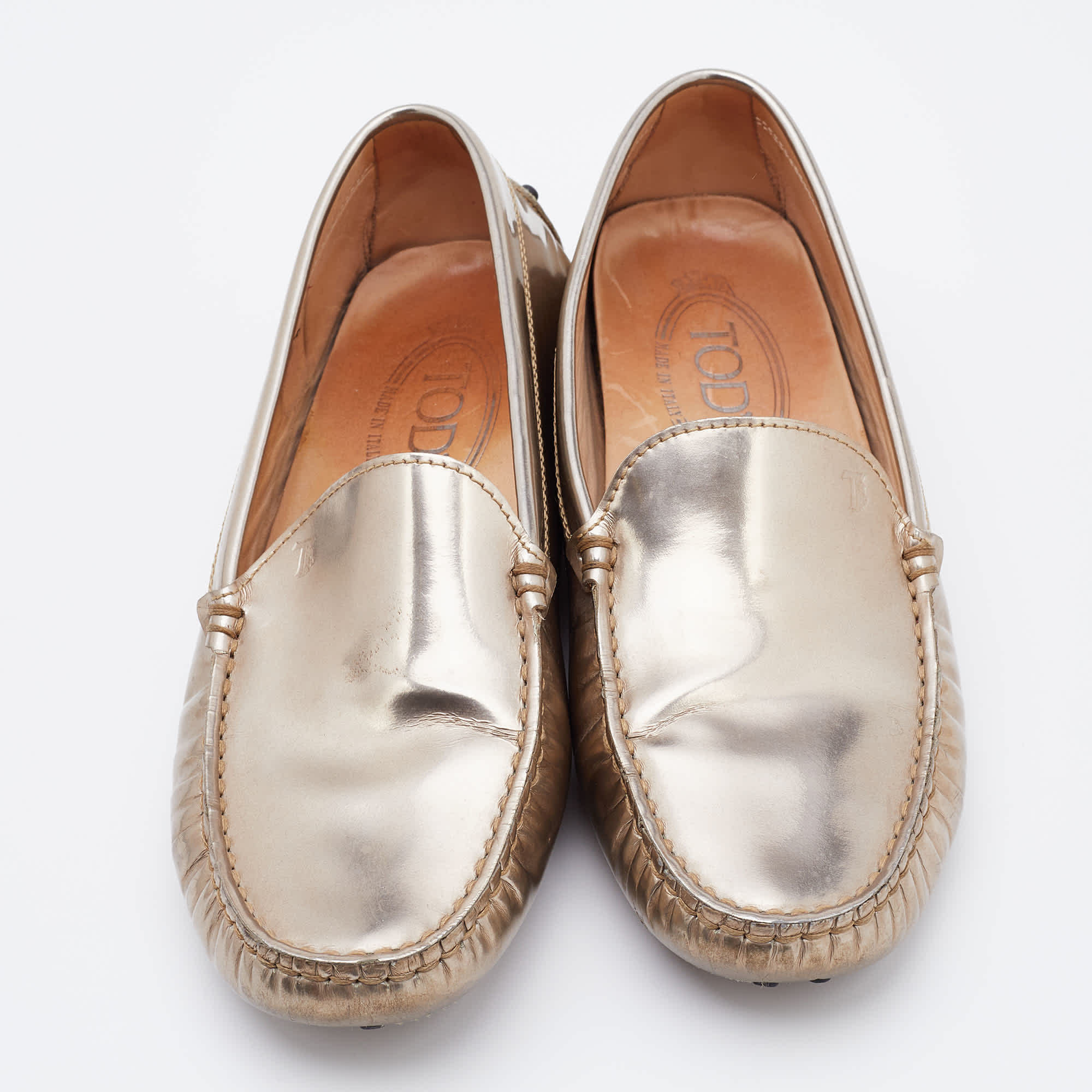 Tod's Light Gold Patent Leather Gommini Slip On Loafers