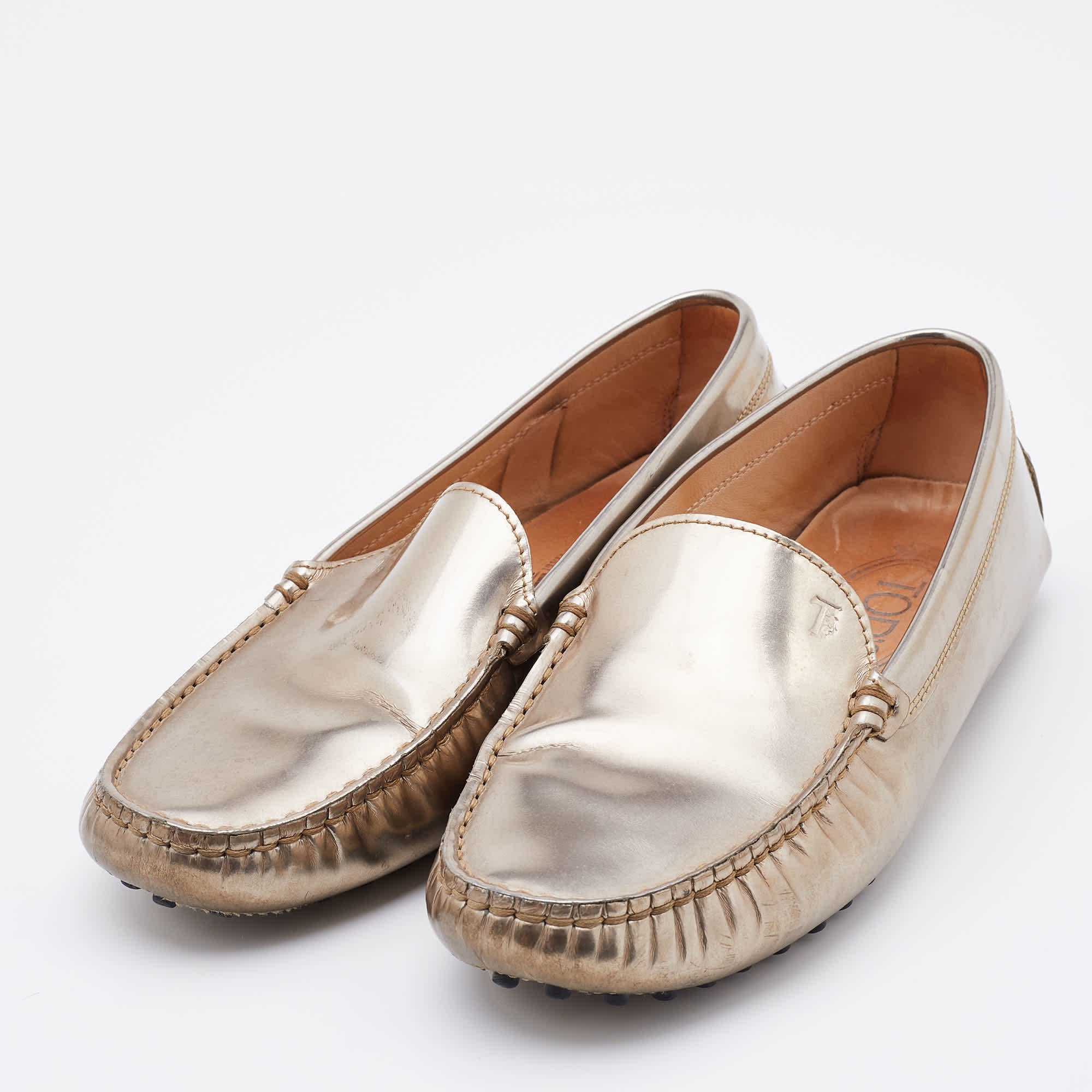 Tod's Light Gold Patent Leather Gommini Slip On Loafers