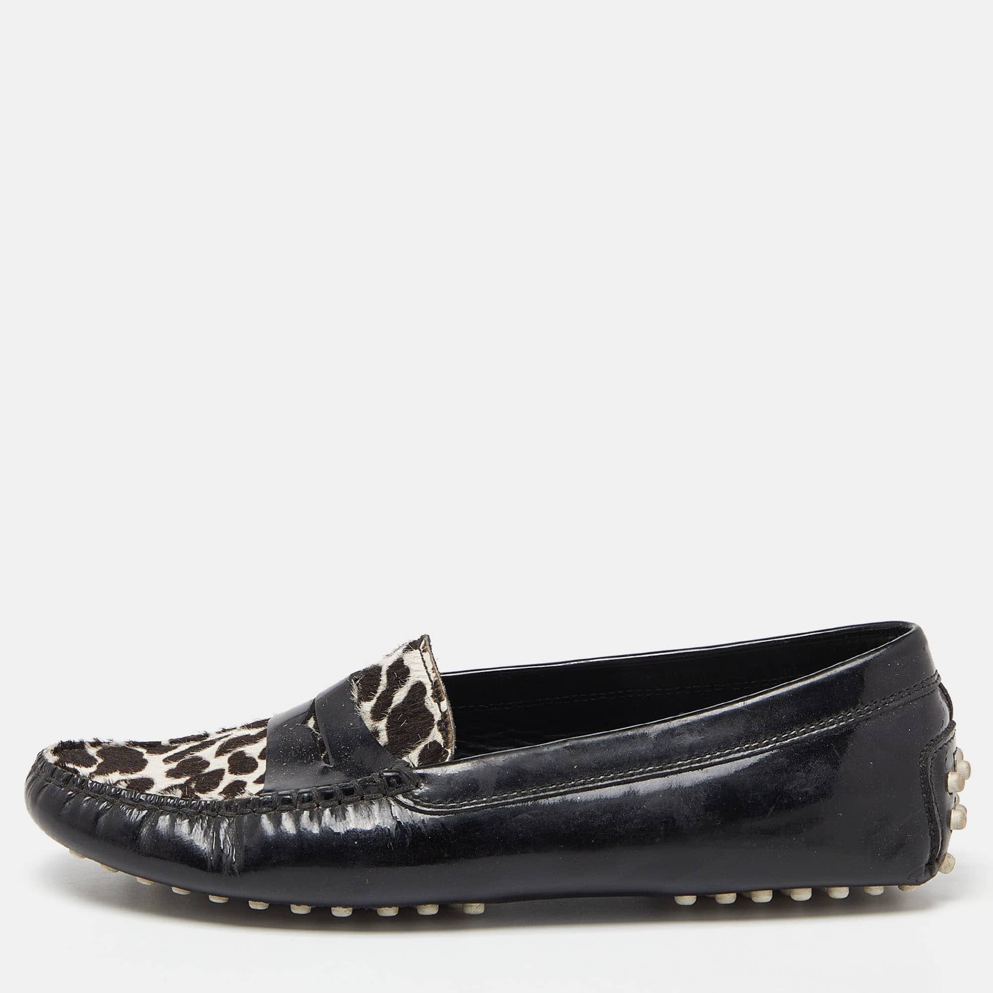 Tod's Black Patent Leather And Calf Hair Gommino Penny Loafers