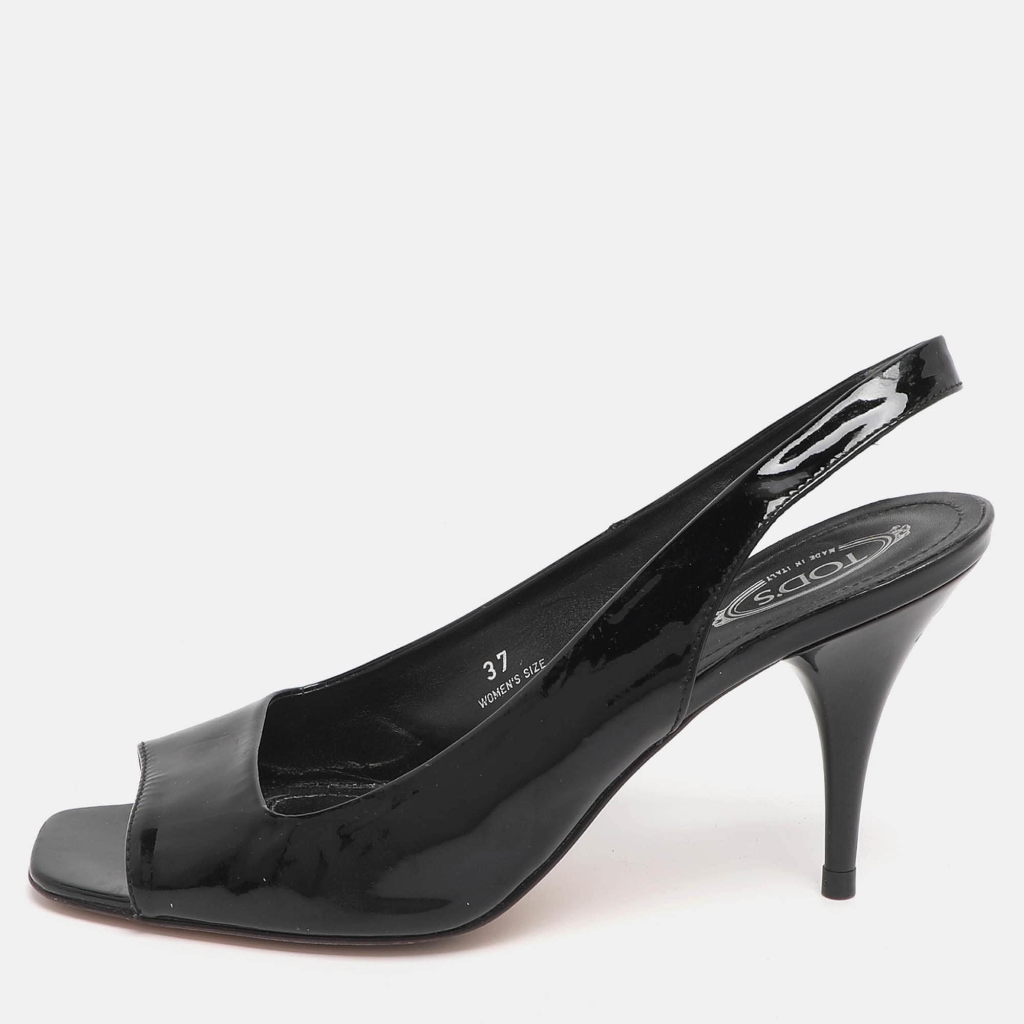 Tod's Size 37 Black Patent Leather Slingback Sandals