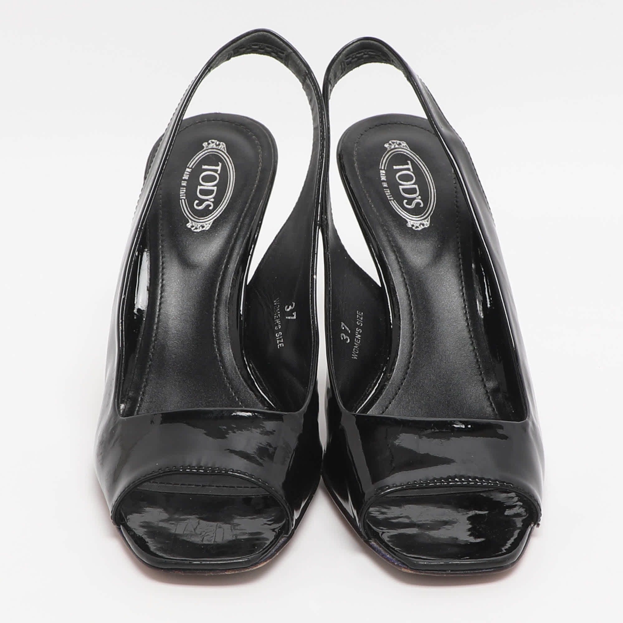 Tod's Size 37 Black Patent Leather Slingback Sandals