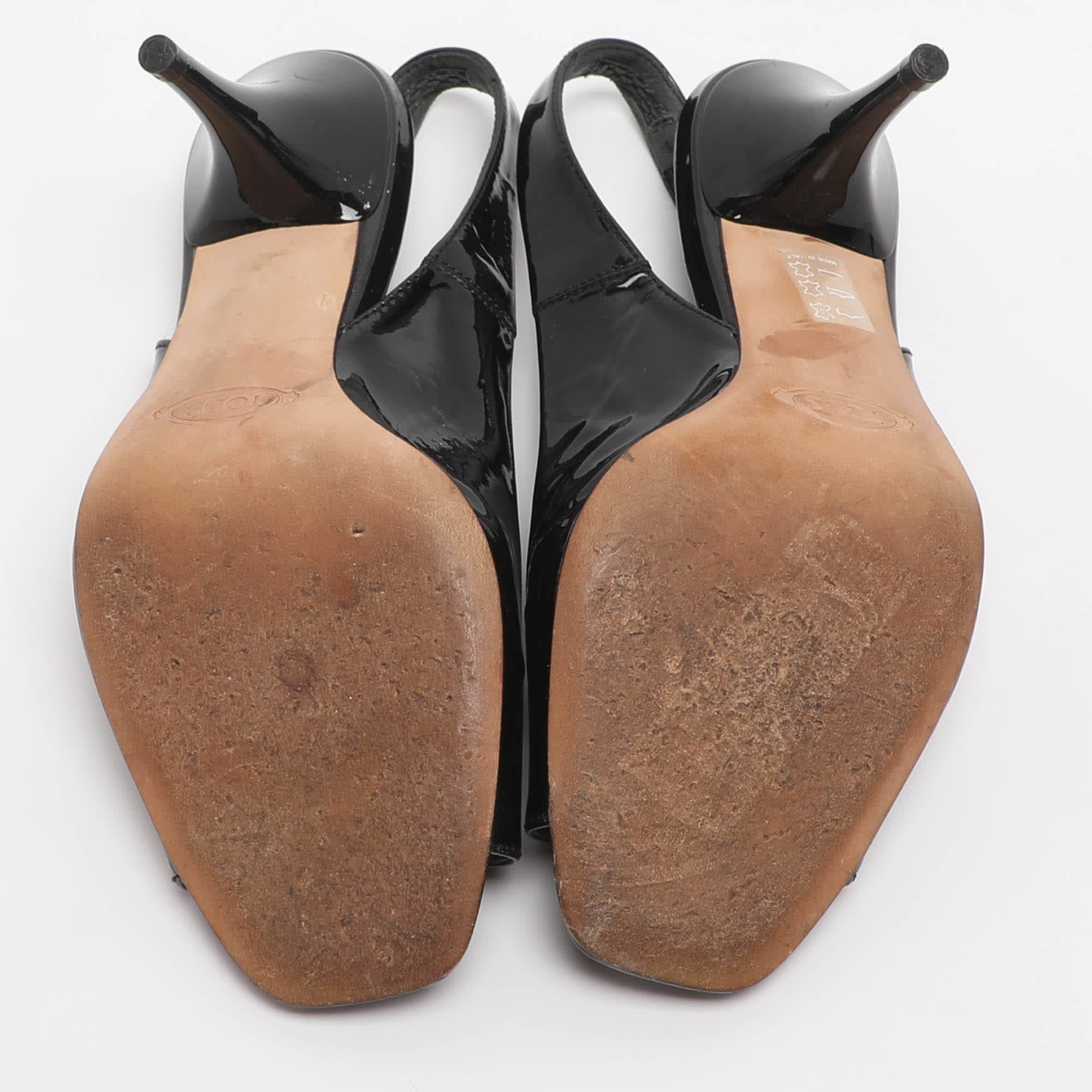 Tod's Size 37 Black Patent Leather Slingback Sandals