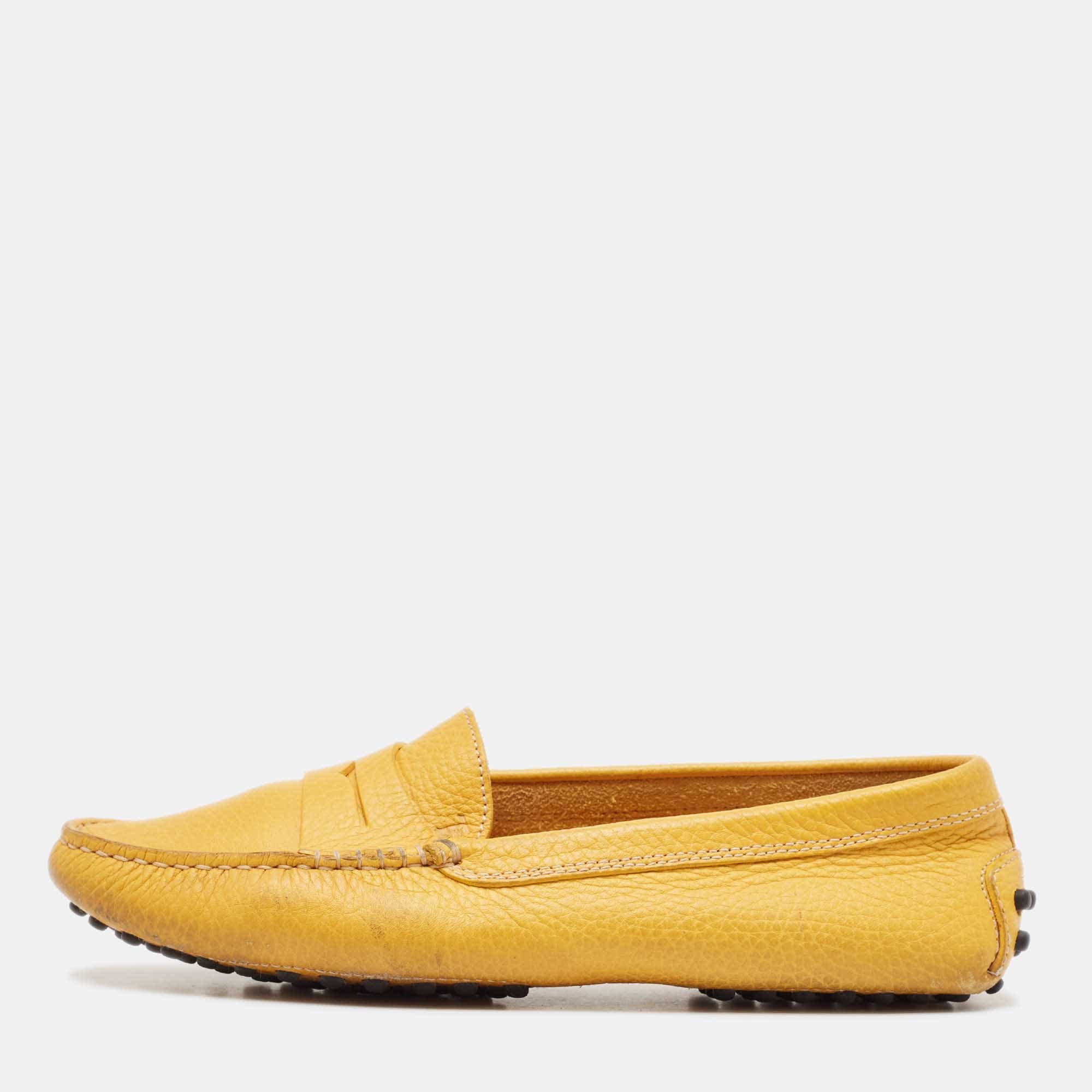 Tod's Yellow Perforated Leather Slip On Loafers