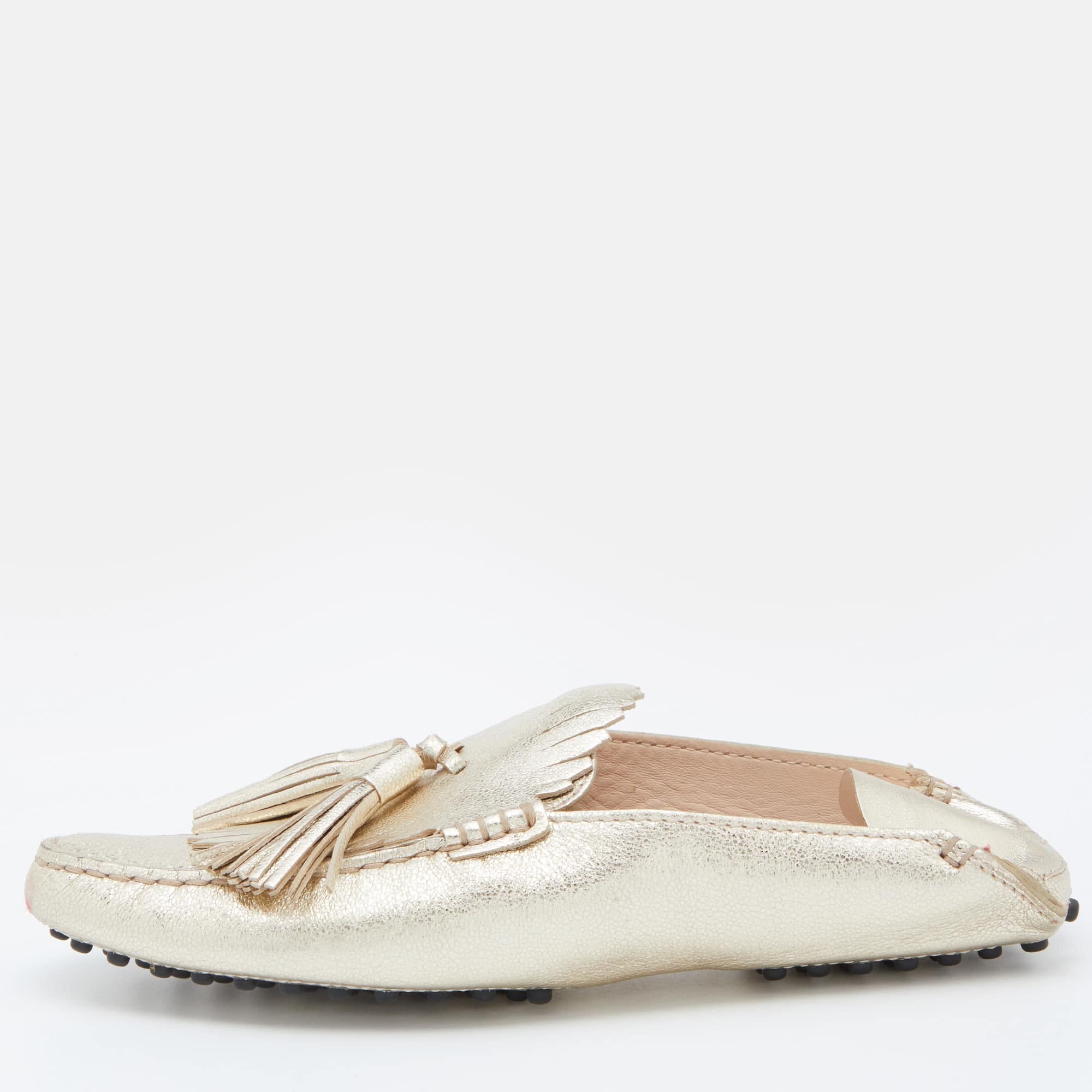 Tod's Gold Leather Fringe Flat Mules